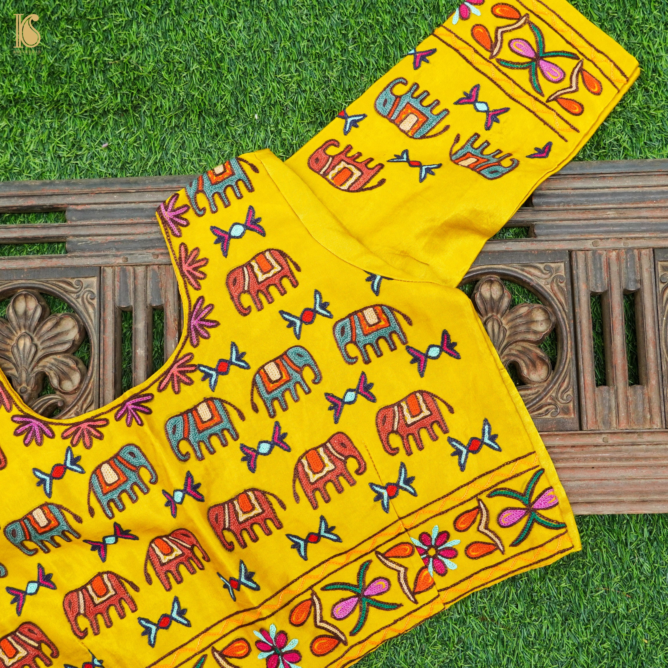 Golden Poppy Yellow Pure Mashru Silk Elephant Stitched Blouse with Kutchi Embriodery - Khinkhwab