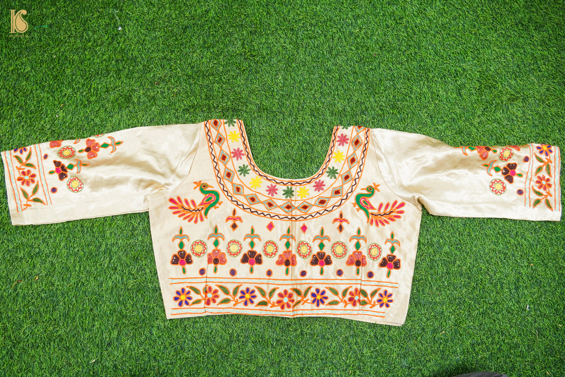 White Pure Mashru Silk Stitched Blouse with Kutchi Embriodery - Khinkhwab