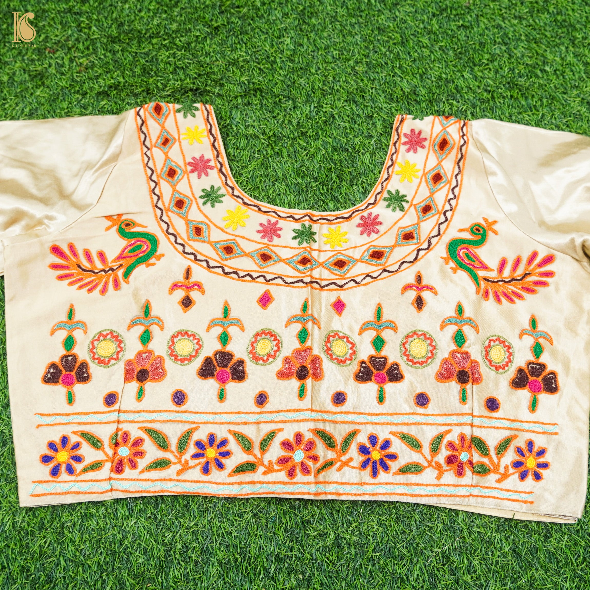 White Pure Mashru Silk Stitched Blouse with Kutchi Embriodery - Khinkhwab