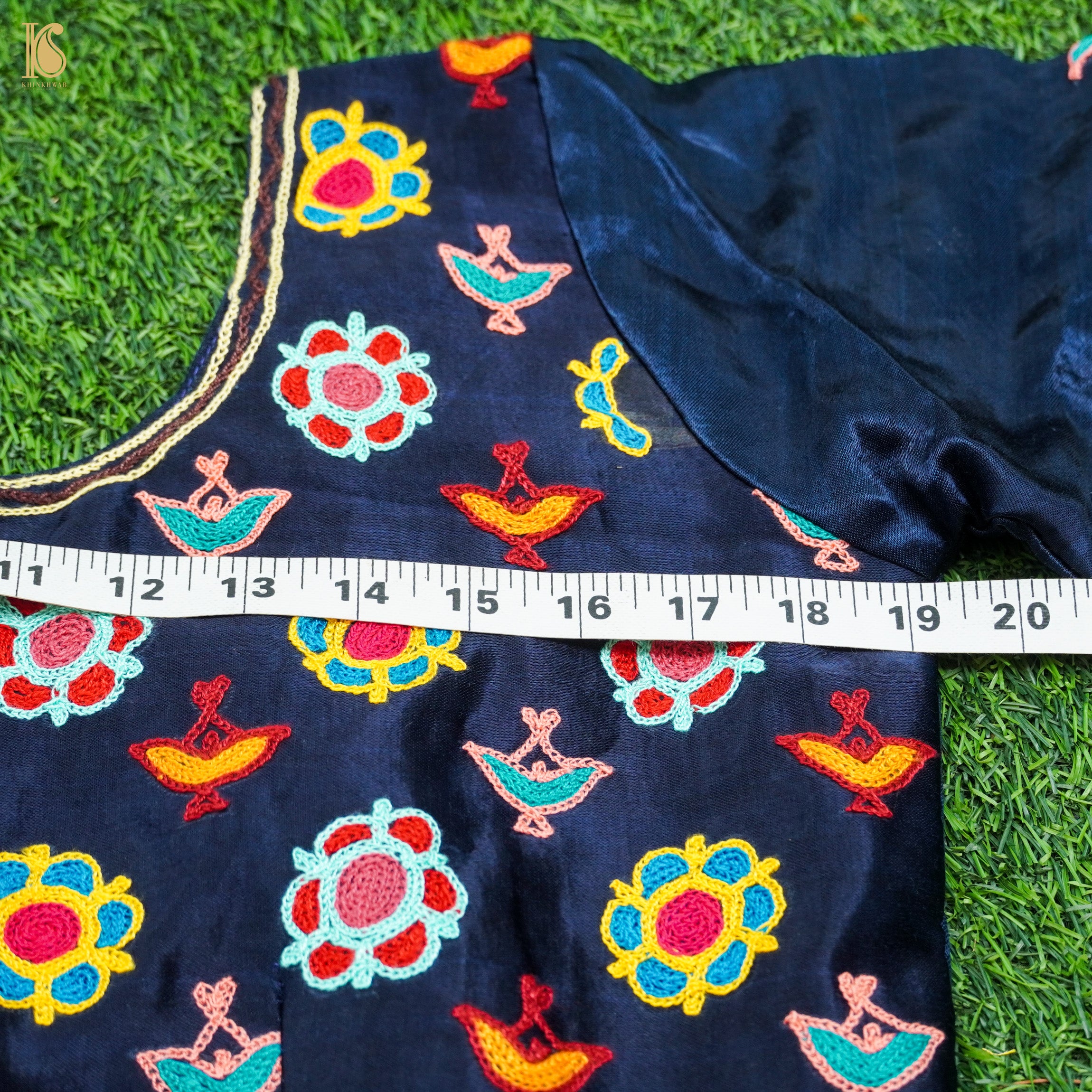 Midnight Blue Pure Mashru Silk Stitched Blouse with Kutchi Embriodery - Khinkhwab
