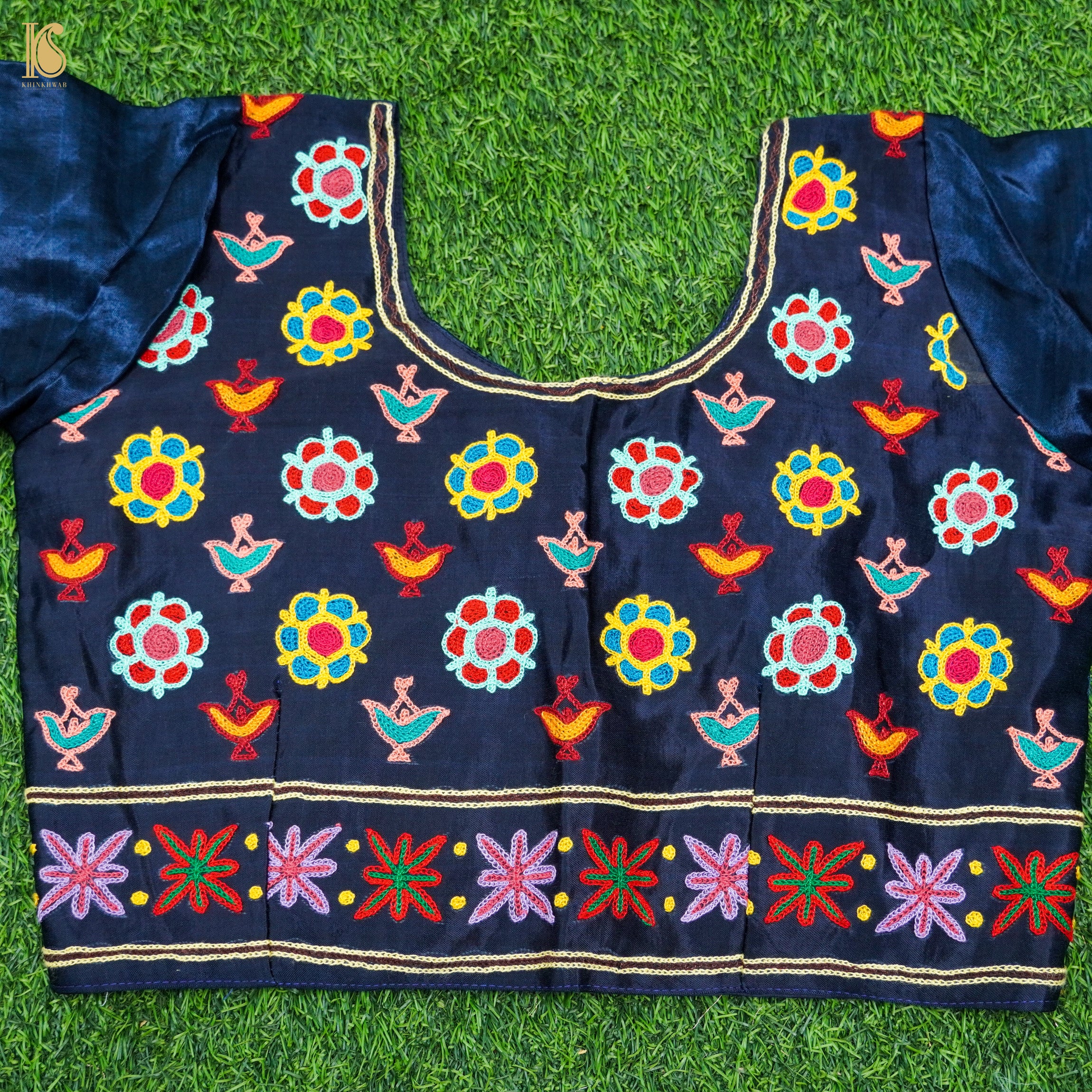 Midnight Blue Pure Mashru Silk Stitched Blouse with Kutchi Embriodery - Khinkhwab