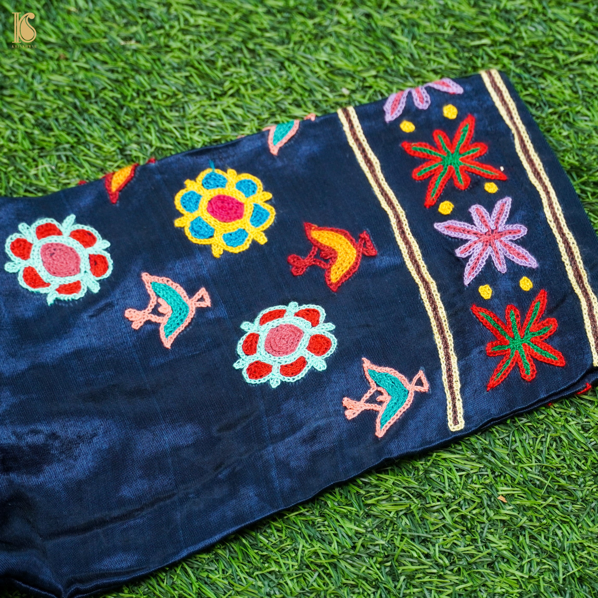 Midnight Blue Pure Mashru Silk Stitched Blouse with Kutchi Embriodery - Khinkhwab