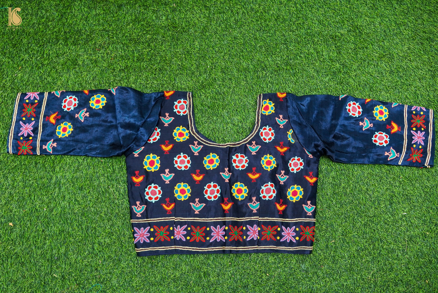 Midnight Blue Pure Mashru Silk Stitched Blouse with Kutchi Embriodery - Khinkhwab