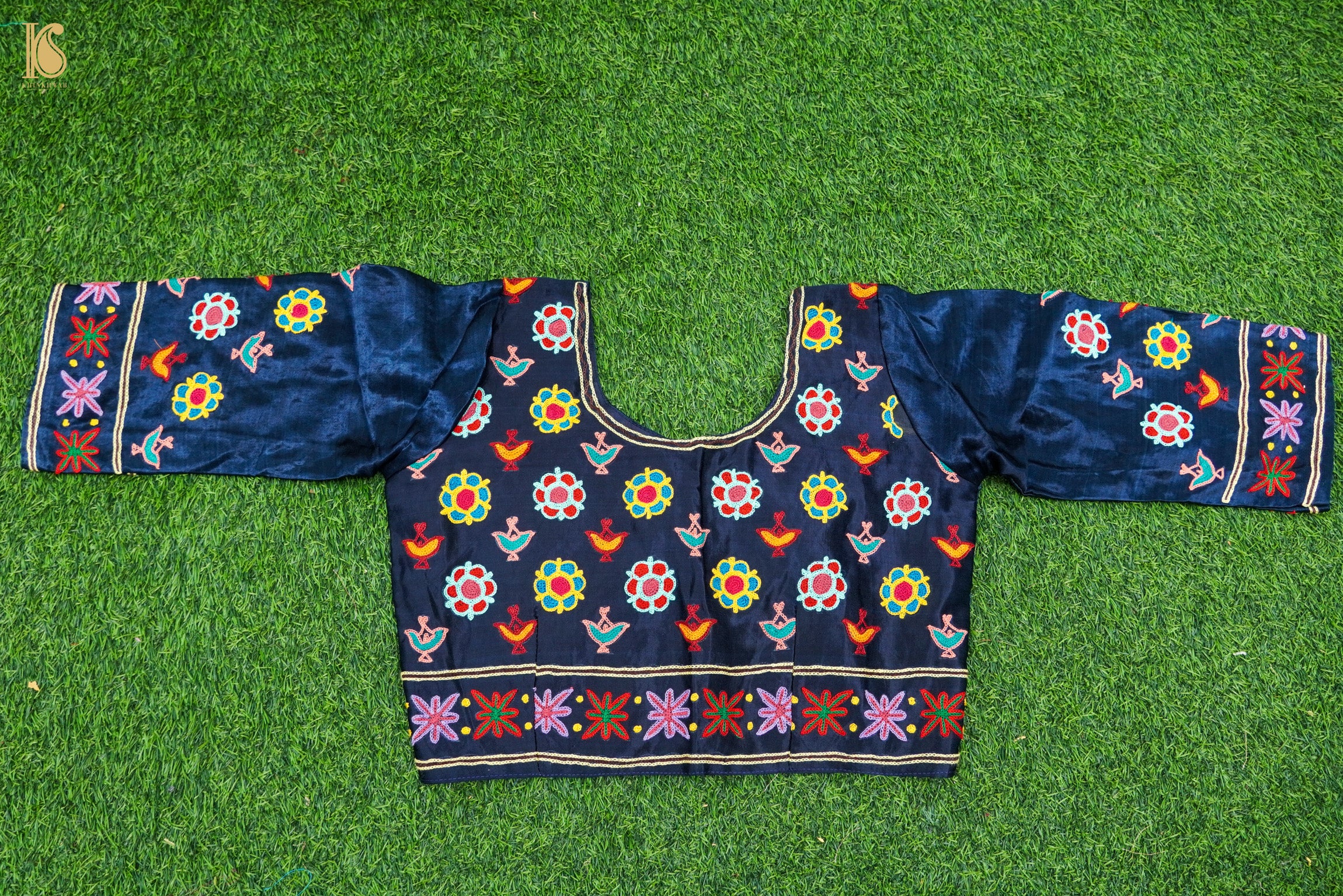 Midnight Blue Pure Mashru Silk Stitched Blouse with Kutchi Embriodery - Khinkhwab