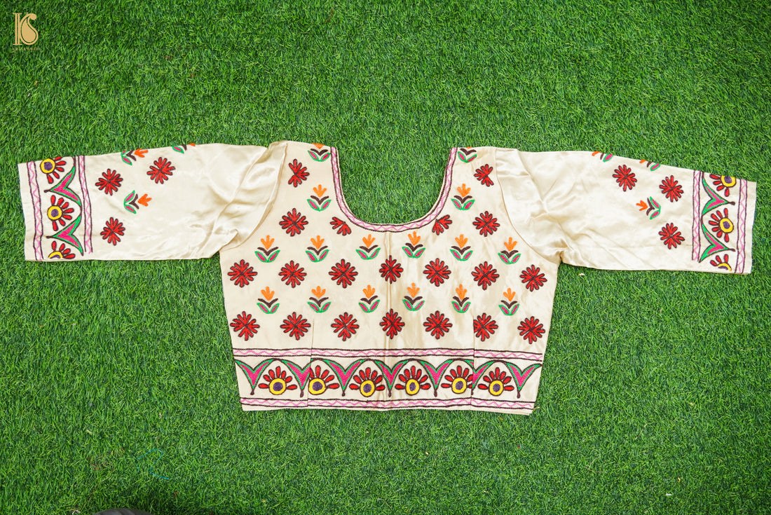 White Pure Mashru Silk Stitched Blouse with Kutchi Embriodery - Khinkhwab