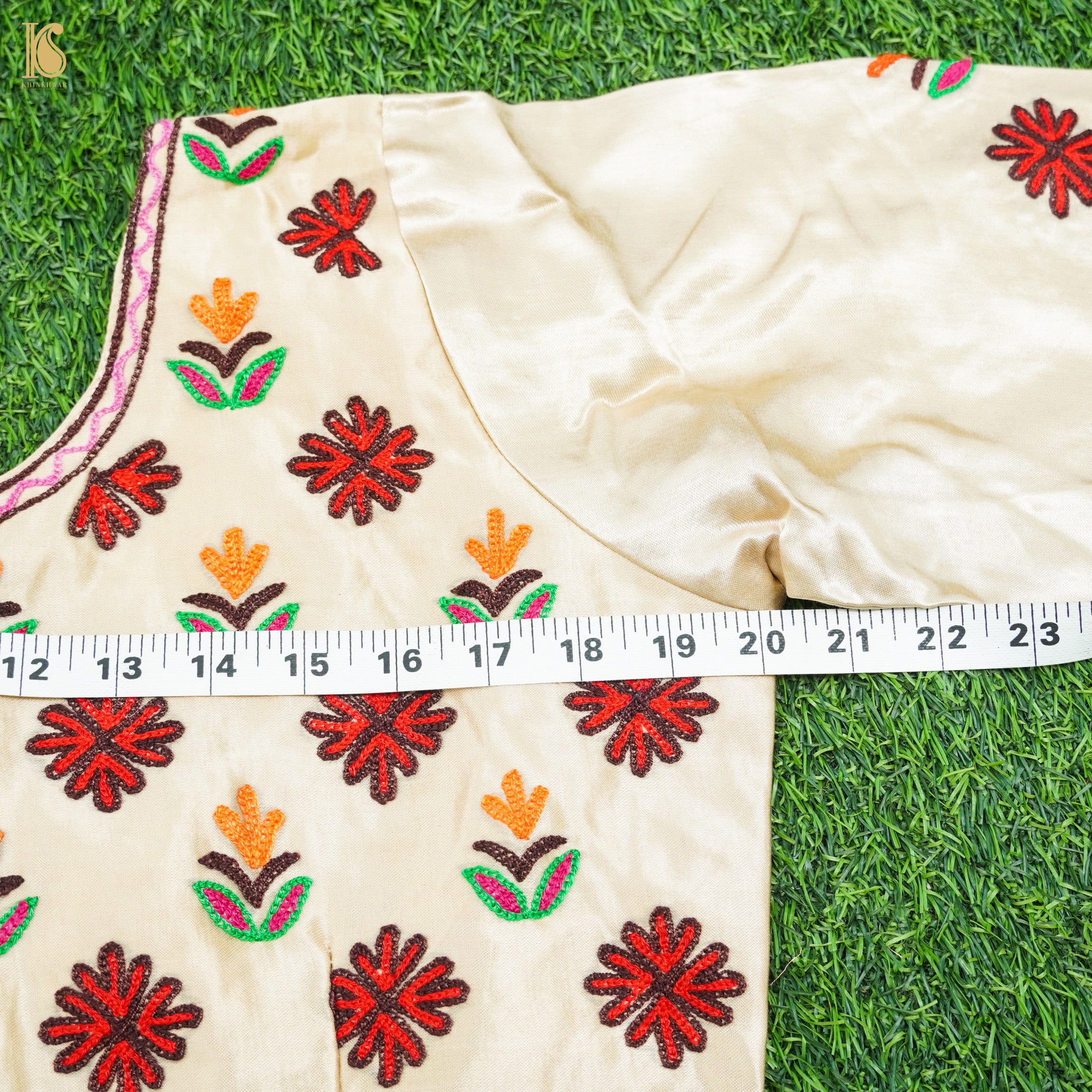 White Pure Mashru Silk Stitched Blouse with Kutchi Embriodery - Khinkhwab