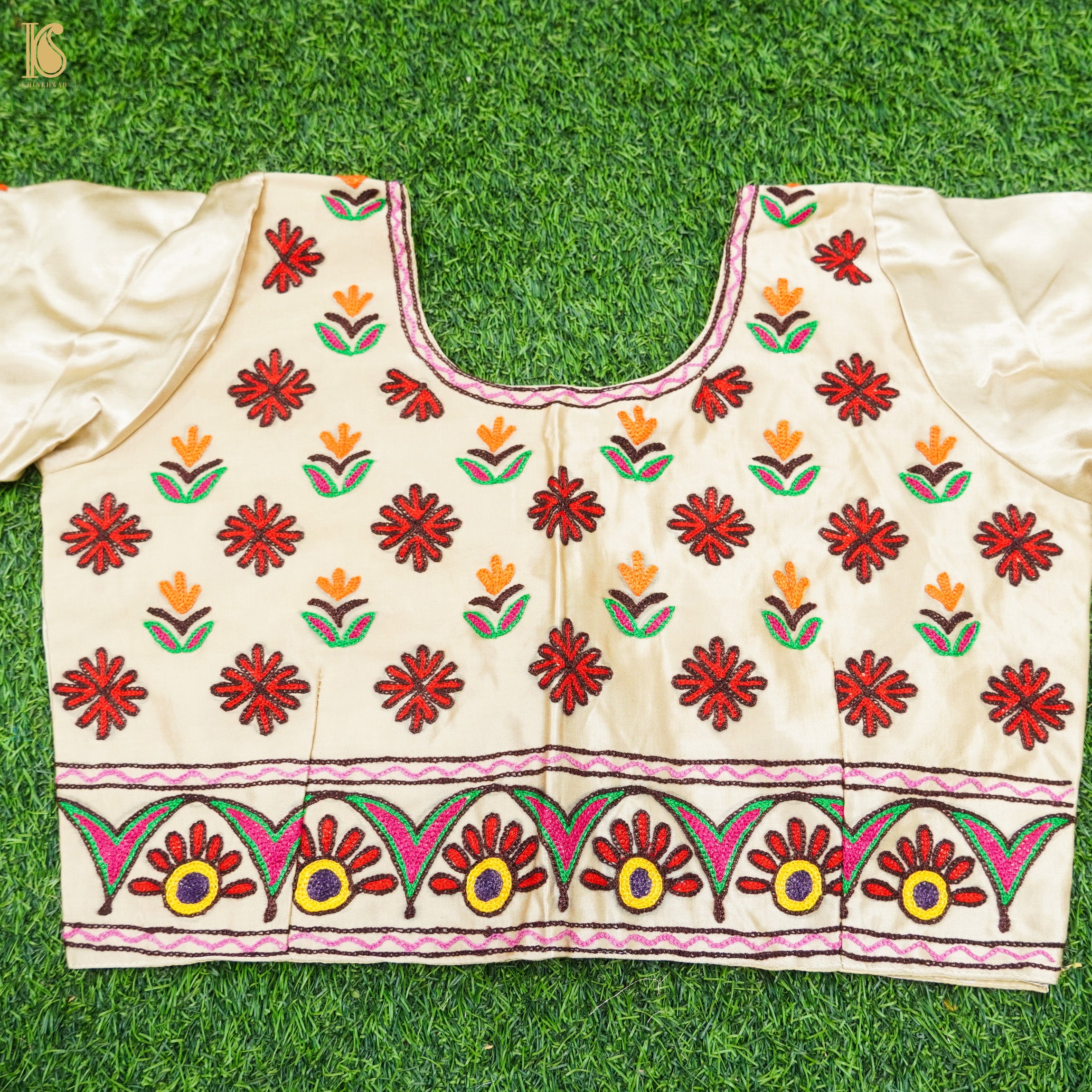 White Pure Mashru Silk Stitched Blouse with Kutchi Embriodery - Khinkhwab
