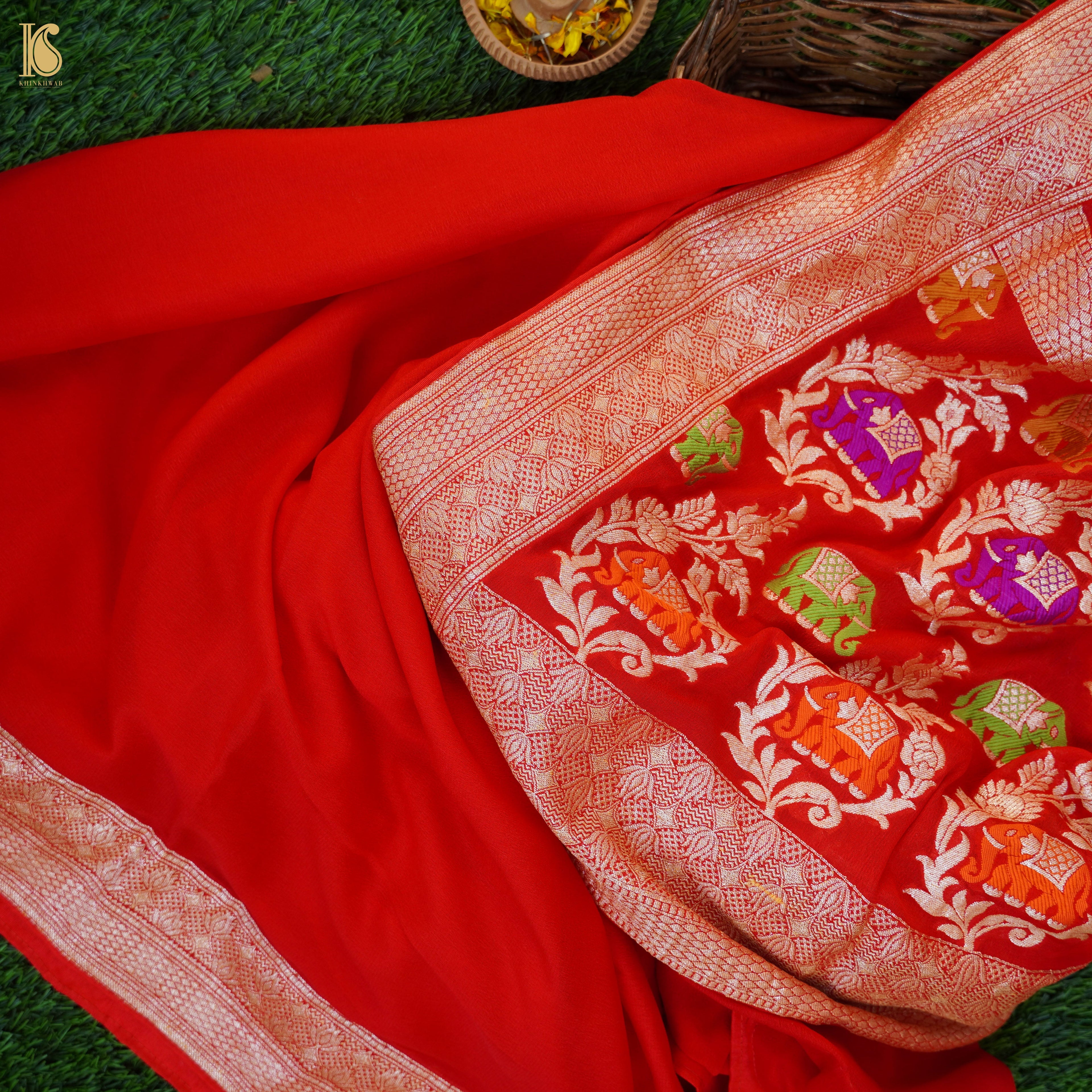 Red Georgette Handloom Banarasi Elepehant Stitched Lehenga Set - Khinkhwab