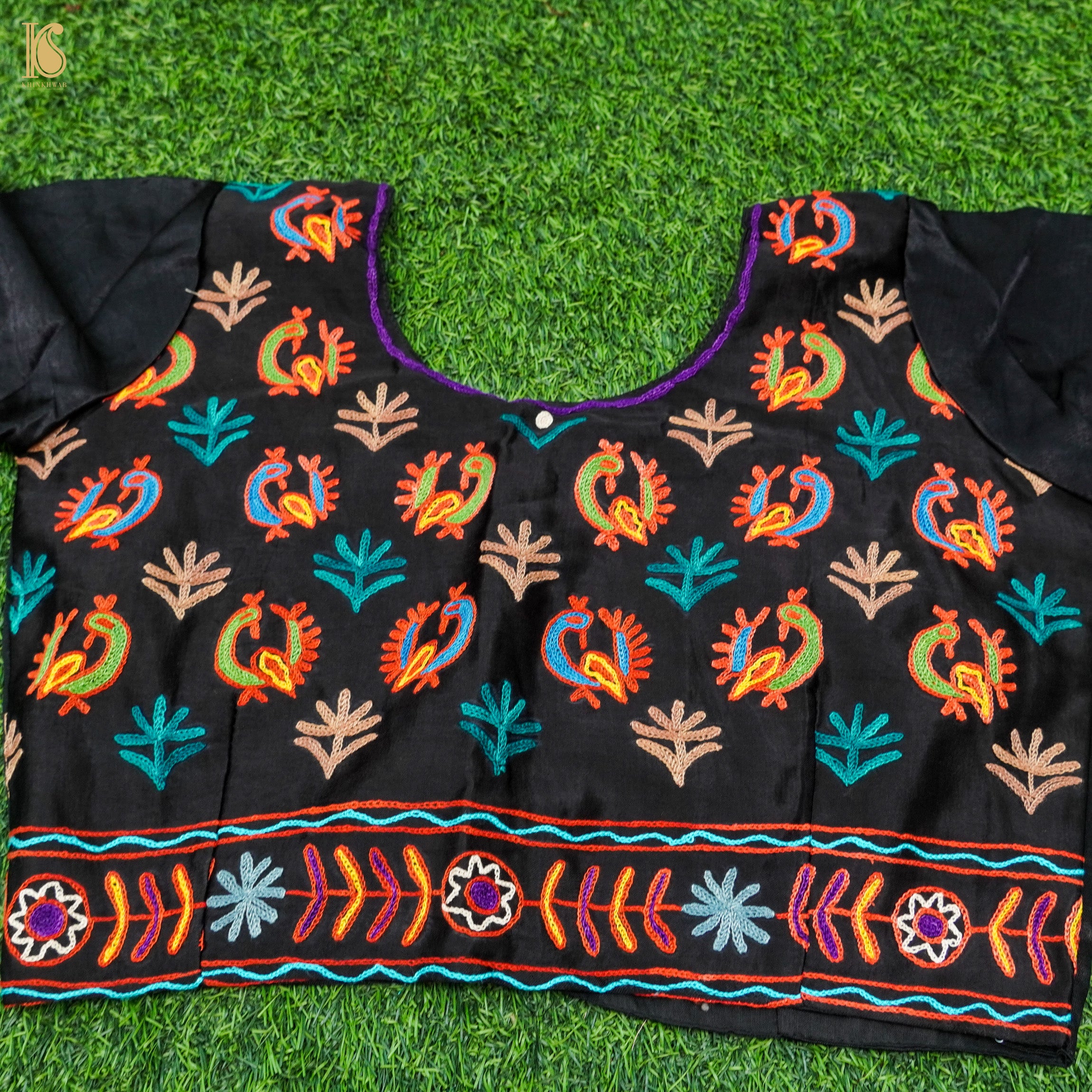Jaguar Black Pure Mashru Silk Stitched Blouse with Kutchi Embriodery - Khinkhwab