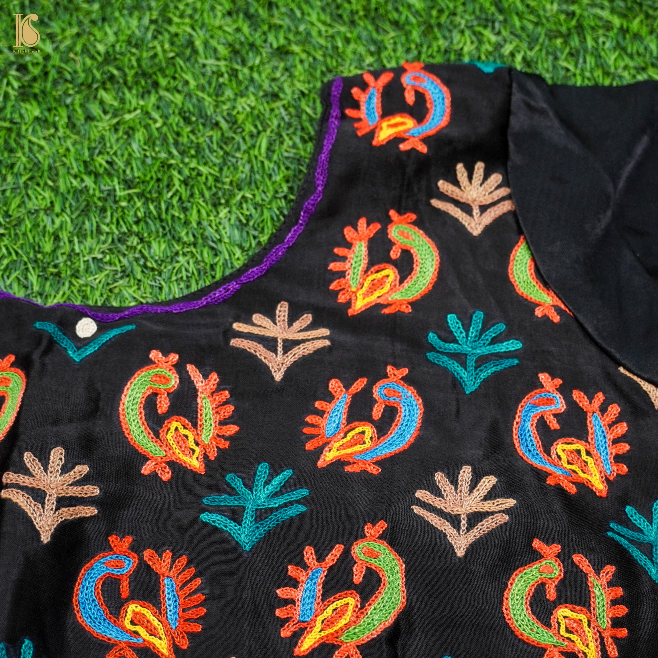 Jaguar Black Pure Mashru Silk Stitched Blouse with Kutchi Embriodery - Khinkhwab
