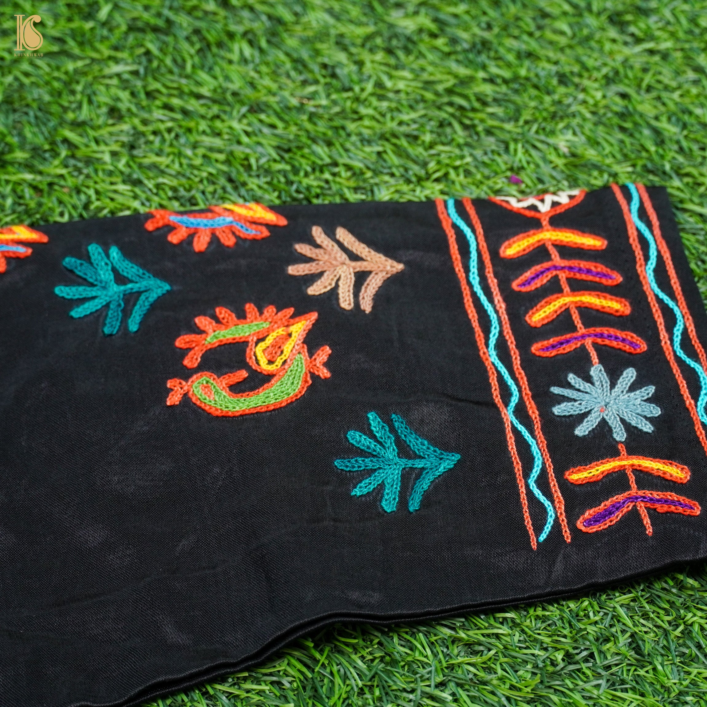 Jaguar Black Pure Mashru Silk Stitched Blouse with Kutchi Embriodery - Khinkhwab