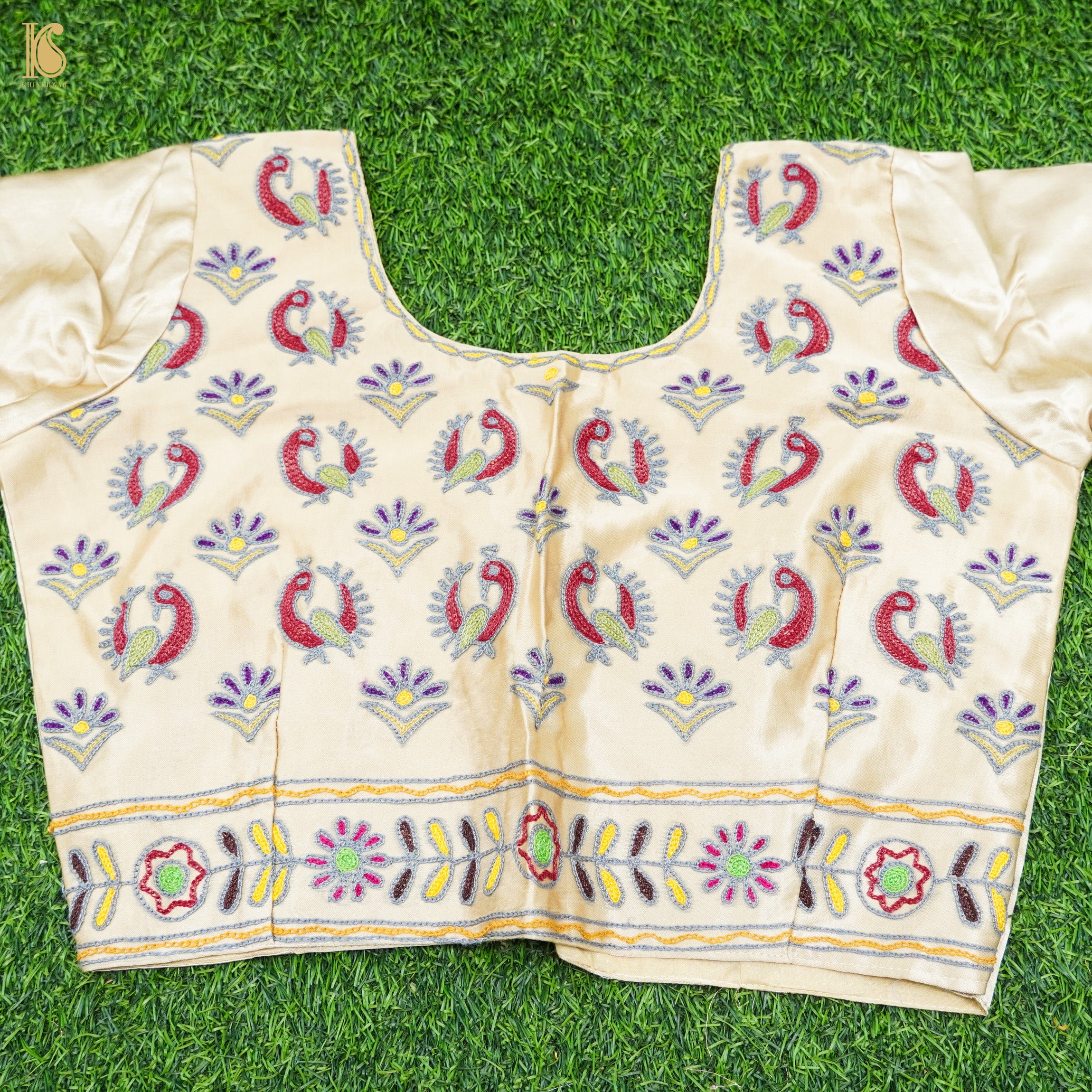 White Pure Mashru Silk Stitched Blouse with Kutchi Embriodery - Khinkhwab