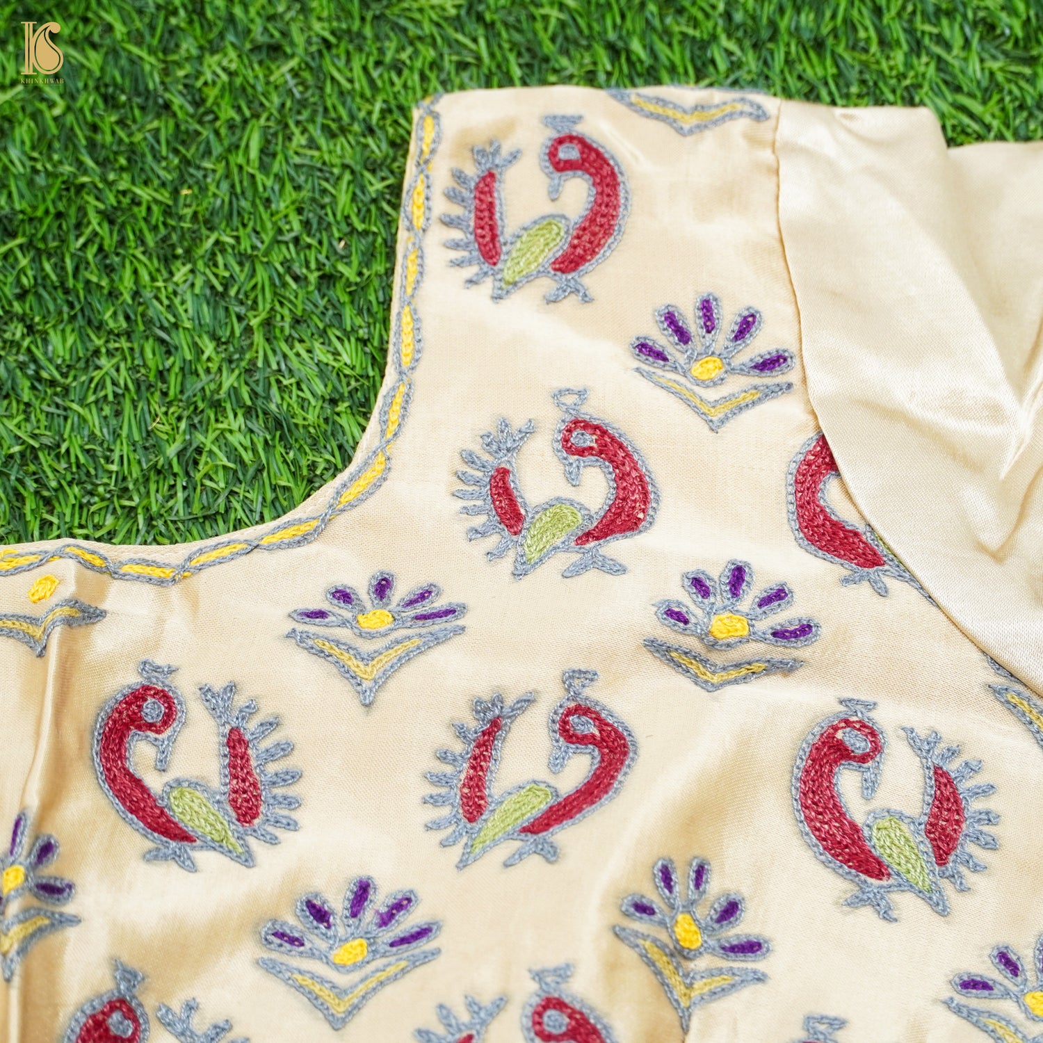 White Pure Mashru Silk Stitched Blouse with Kutchi Embriodery - Khinkhwab