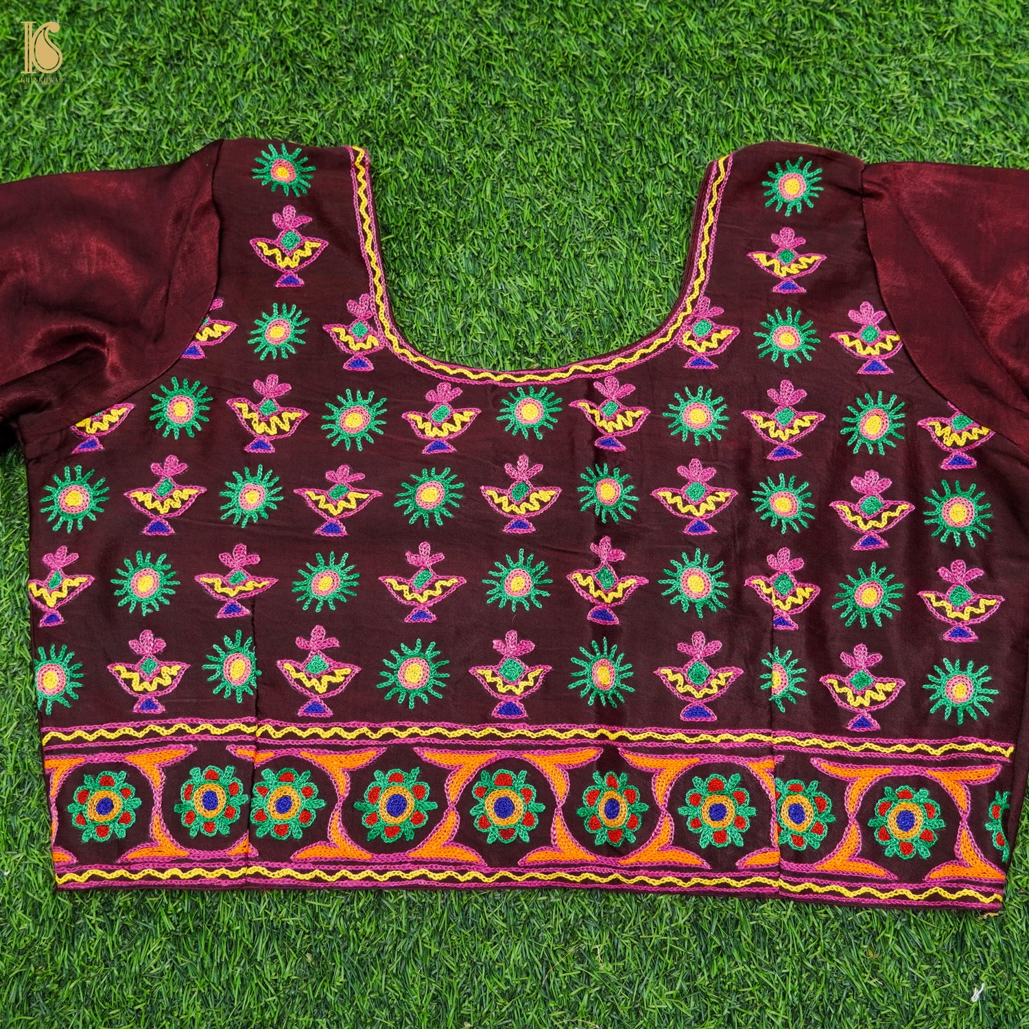 Burnt Crimson Pure Mashru Silk Stitched Blouse with Kutchi Embriodery - Khinkhwab