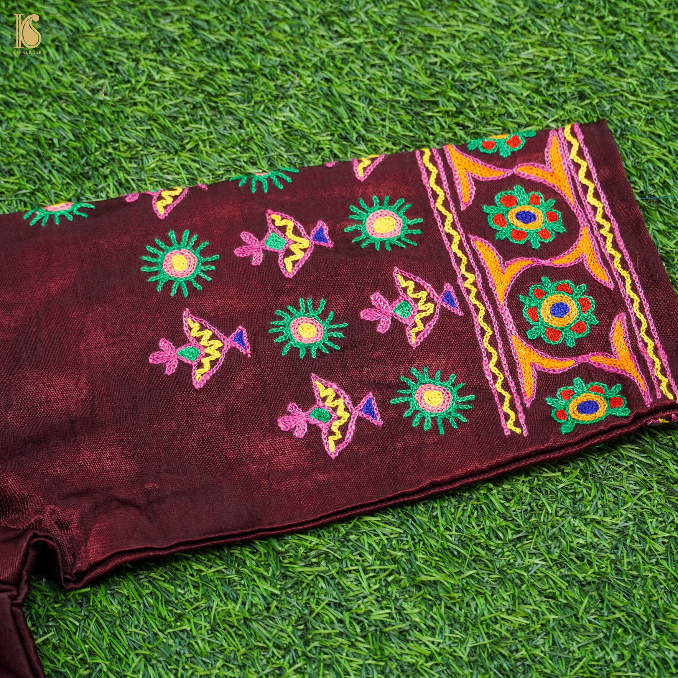 Burnt Crimson Pure Mashru Silk Stitched Blouse with Kutchi Embriodery - Khinkhwab