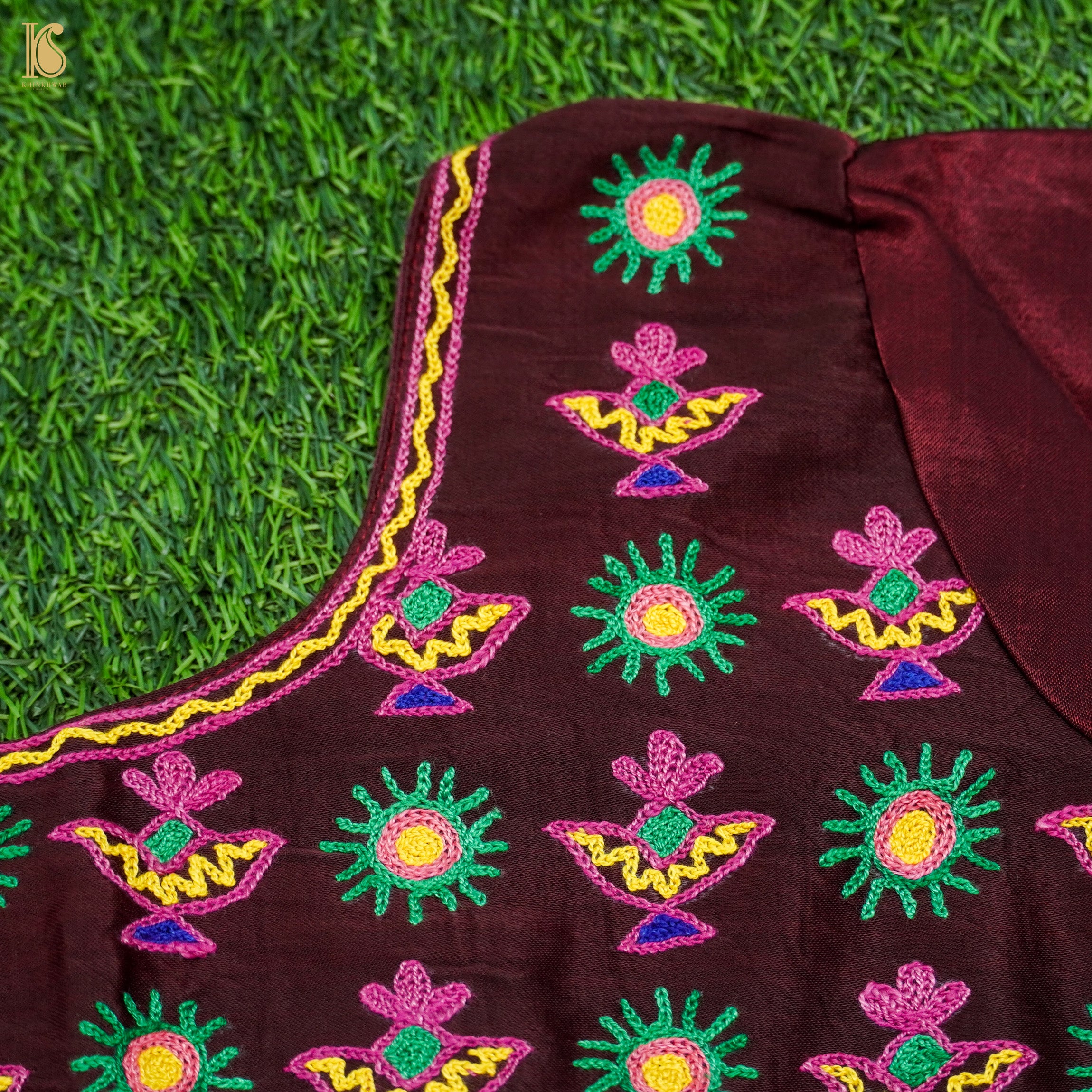 Burnt Crimson Pure Mashru Silk Stitched Blouse with Kutchi Embriodery - Khinkhwab