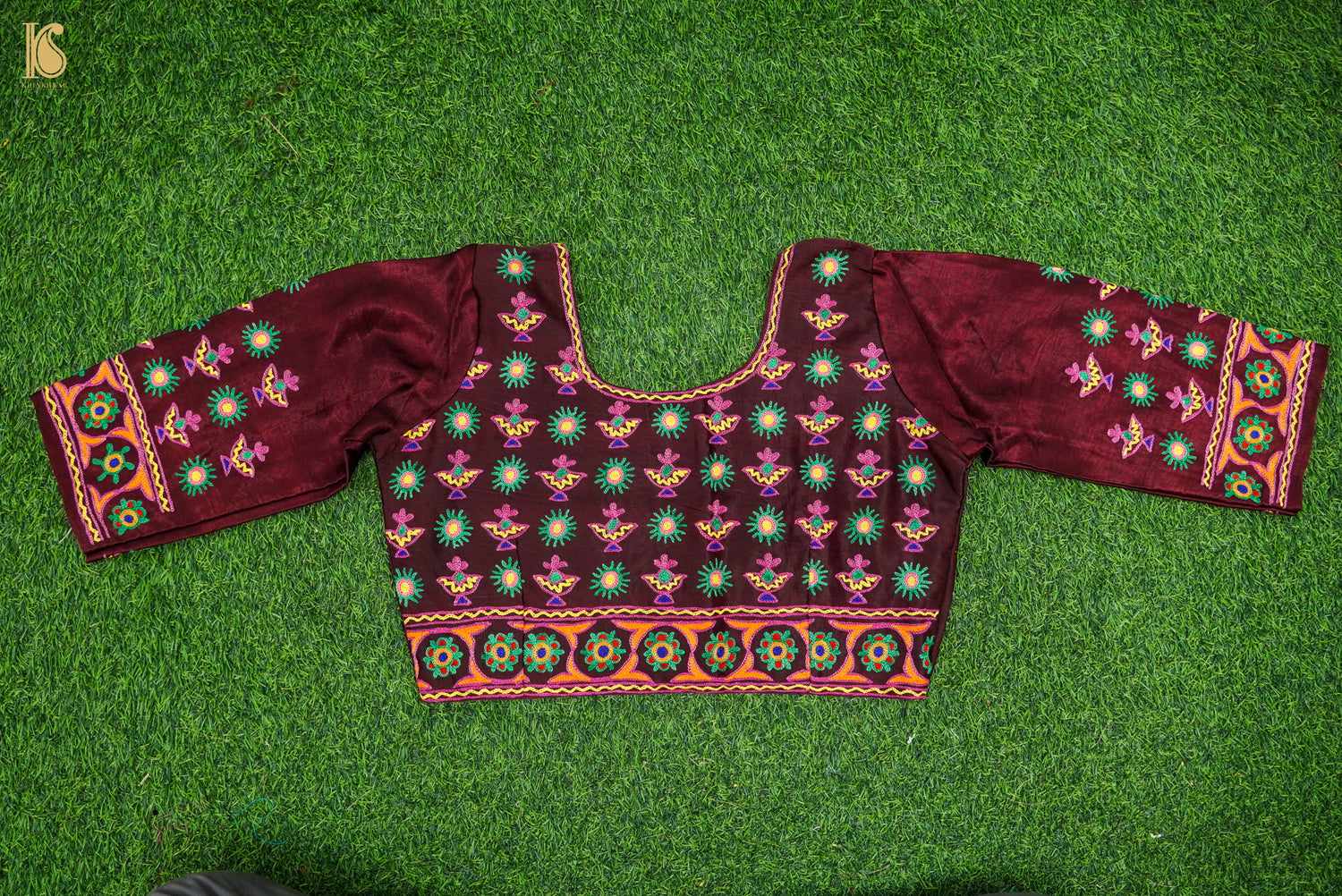 Burnt Crimson Pure Mashru Silk Stitched Blouse with Kutchi Embriodery - Khinkhwab