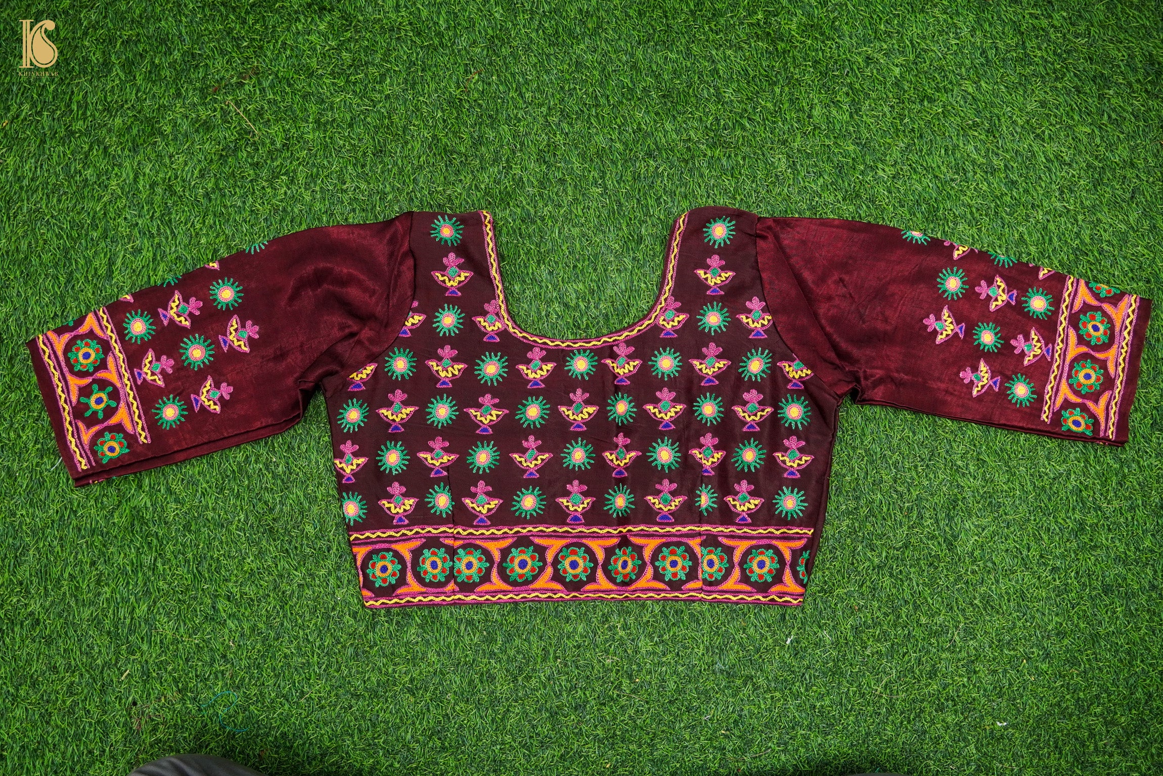 Burnt Crimson Pure Mashru Silk Stitched Blouse with Kutchi Embriodery - Khinkhwab