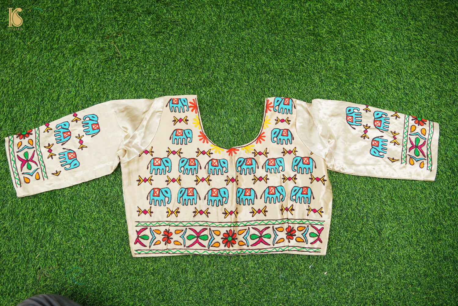 Pearl White Pure Mashru Silk Stitched Blouse with Kutchi Embriodery - Khinkhwab