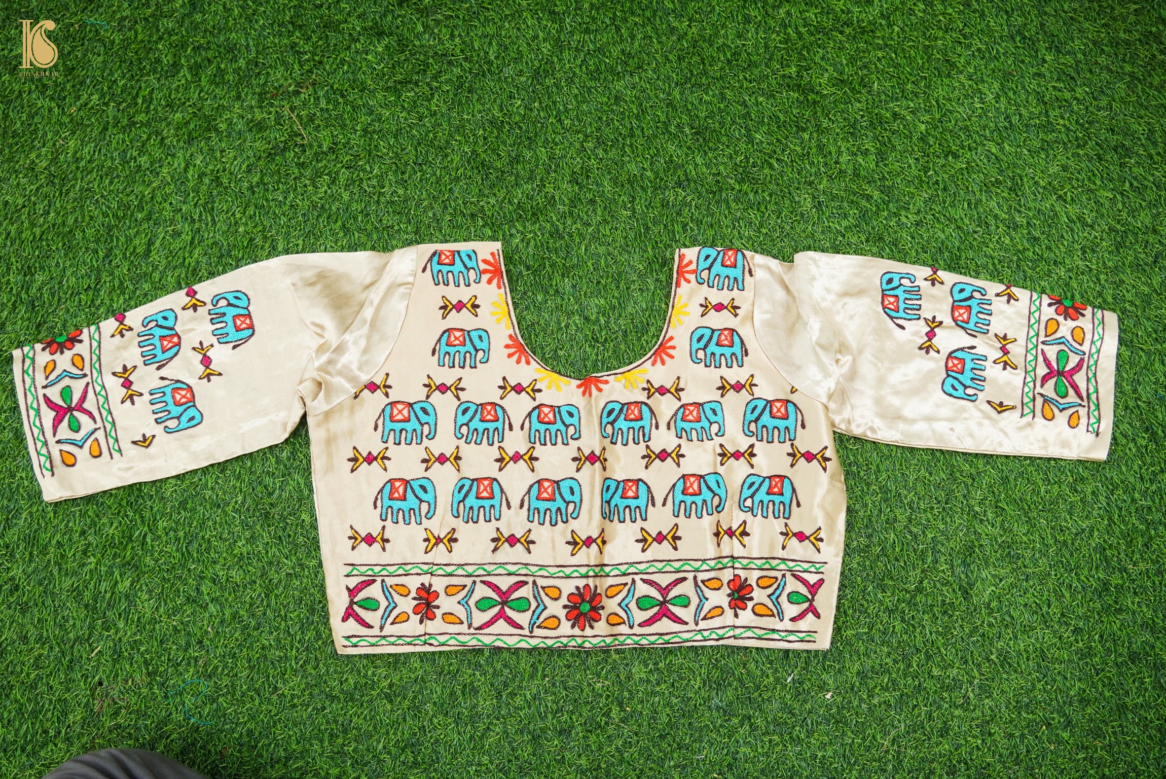 Pearl White Pure Mashru Silk Stitched Blouse with Kutchi Embriodery - Khinkhwab