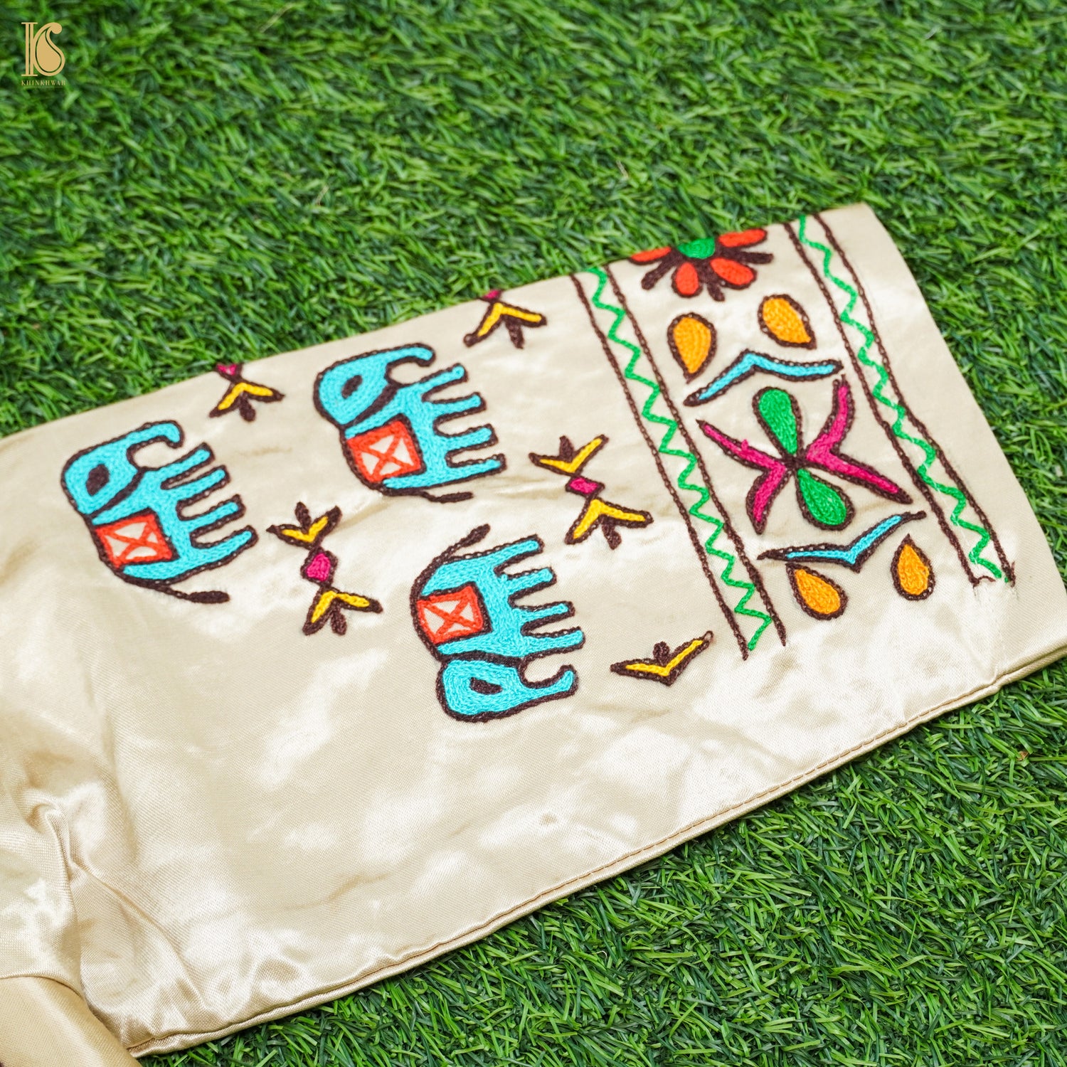 Pearl White Pure Mashru Silk Stitched Blouse with Kutchi Embriodery - Khinkhwab