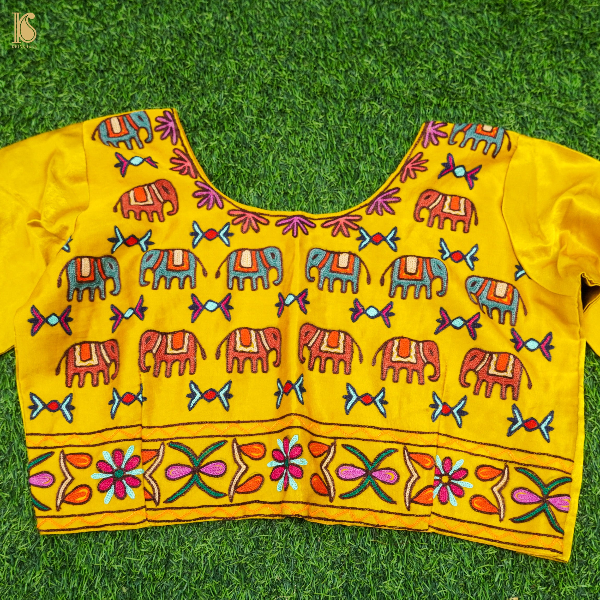 Golden Poppy Yellow Pure Mashru Silk Elephant Stitched Blouse with Kutchi Embriodery - Khinkhwab