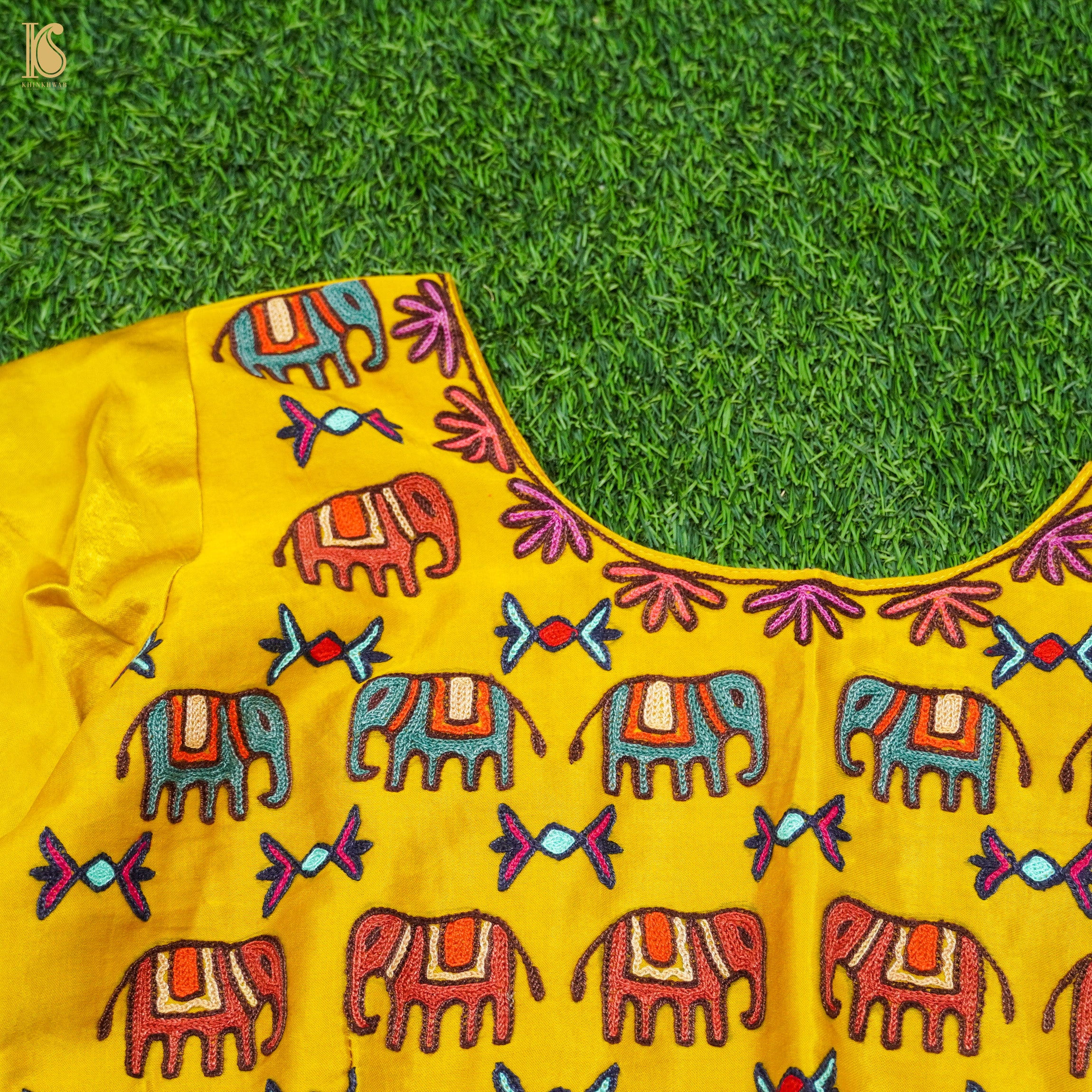 Golden Poppy Yellow Pure Mashru Silk Elephant Stitched Blouse with Kutchi Embriodery - Khinkhwab