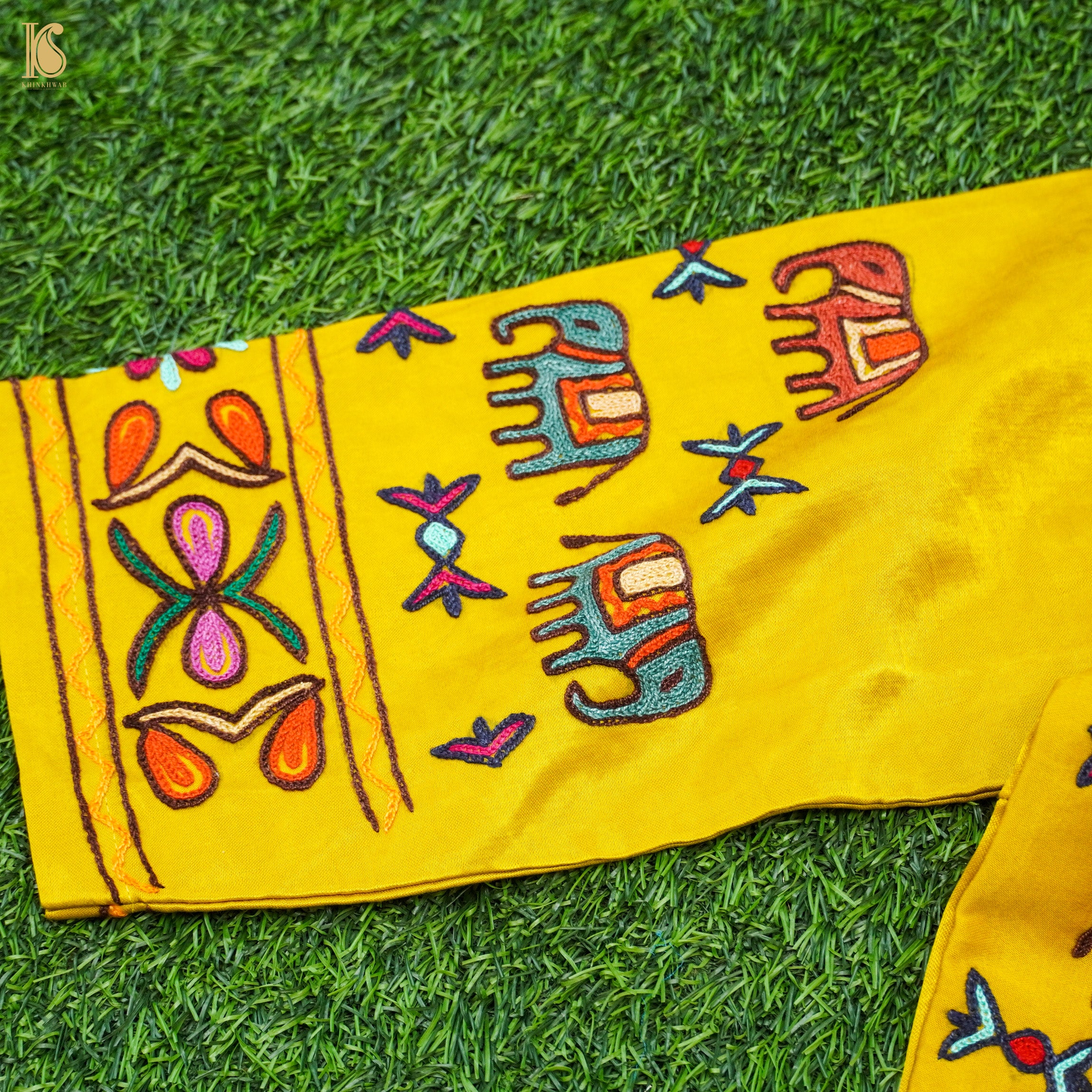 Golden Poppy Yellow Pure Mashru Silk Elephant Stitched Blouse with Kutchi Embriodery - Khinkhwab