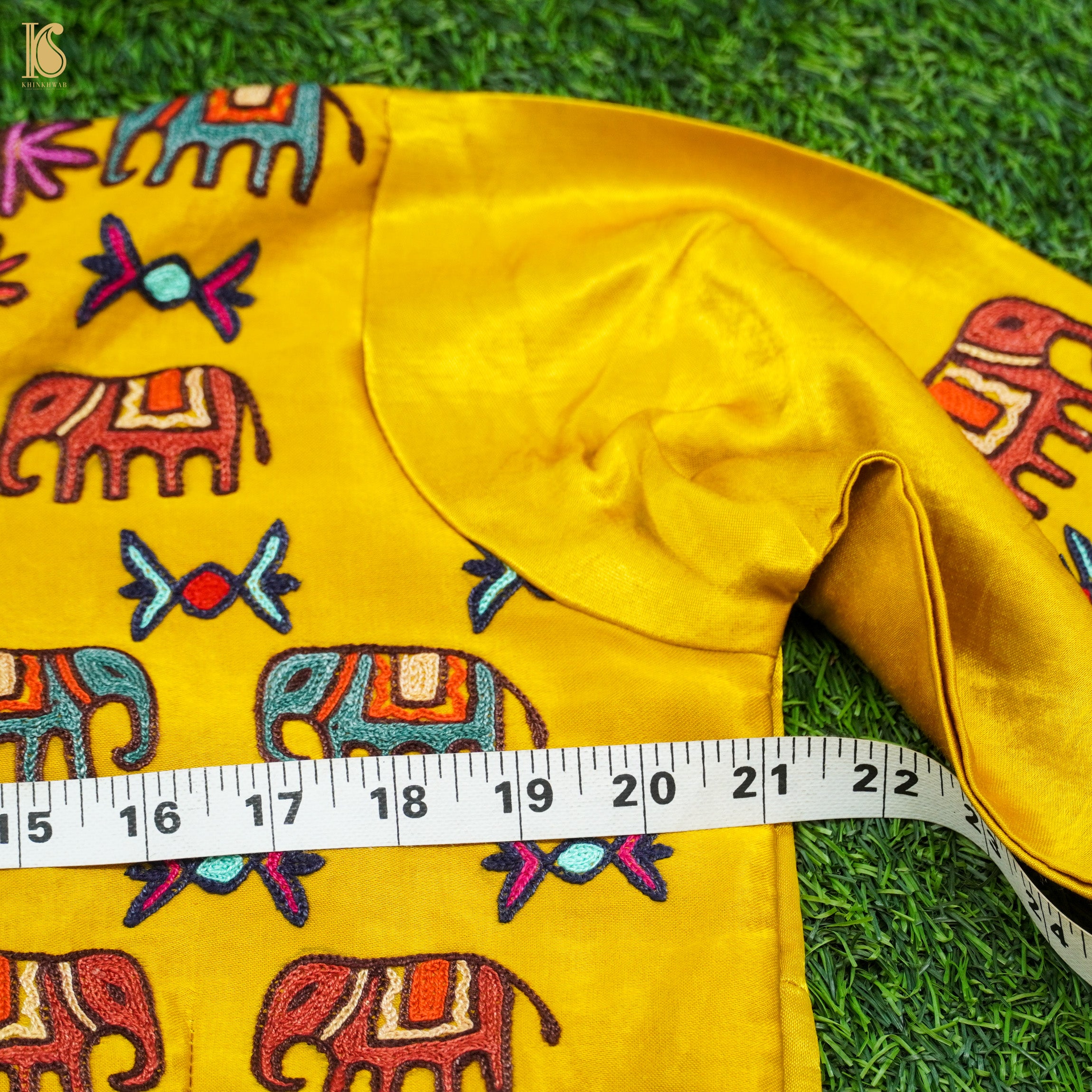 Golden Poppy Yellow Pure Mashru Silk Elephant Stitched Blouse with Kutchi Embriodery - Khinkhwab