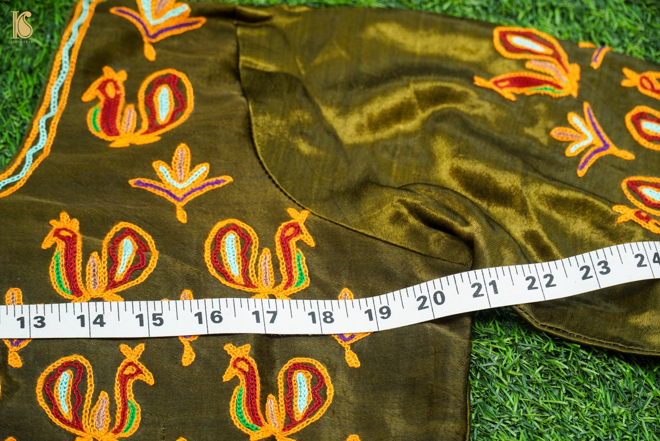 Madras Green Pure Mashru Silk Peacock Stitched Blouse with Kutchi Embriodery - Khinkhwab