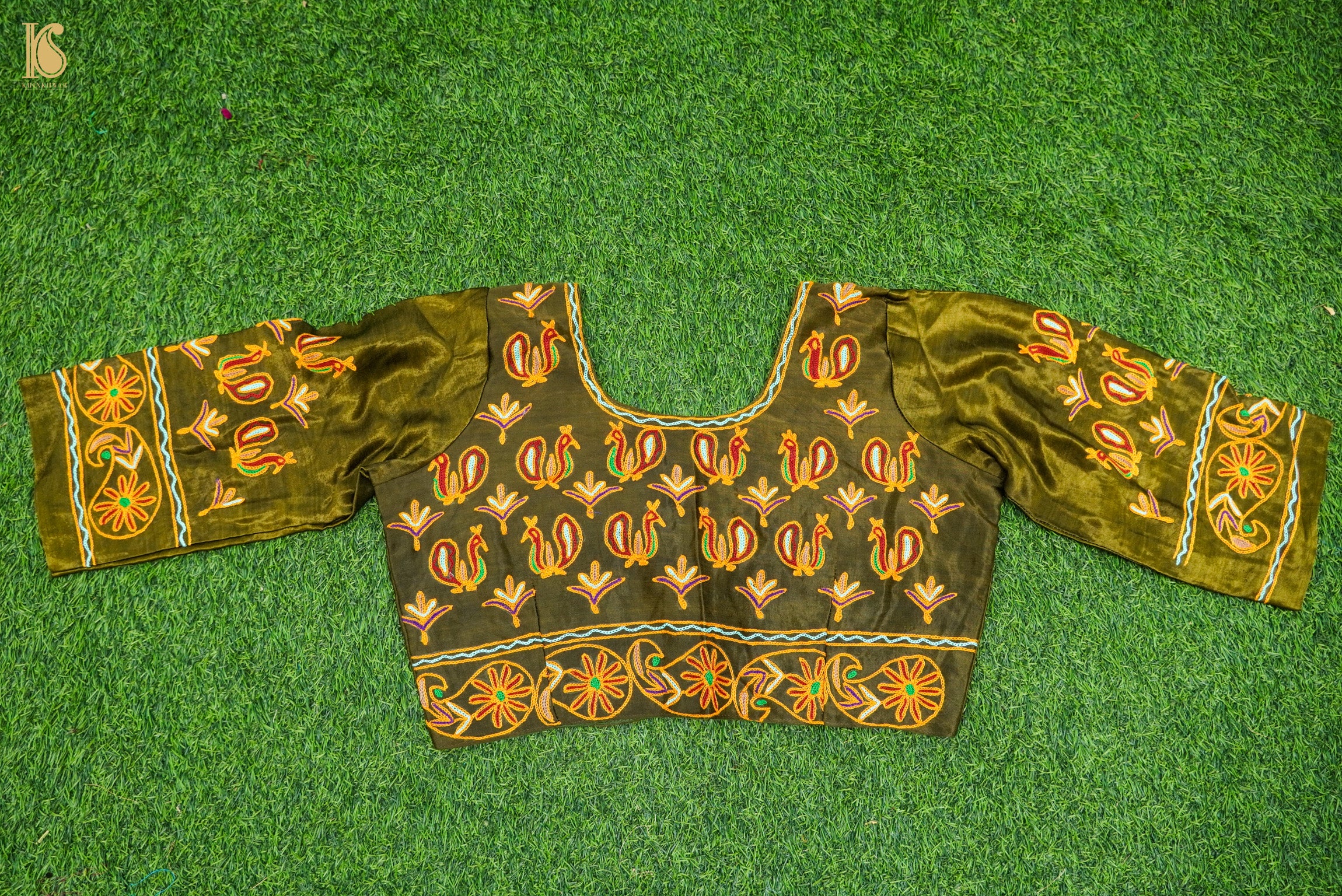 Madras Green Pure Mashru Silk Peacock Stitched Blouse with Kutchi Embriodery - Khinkhwab