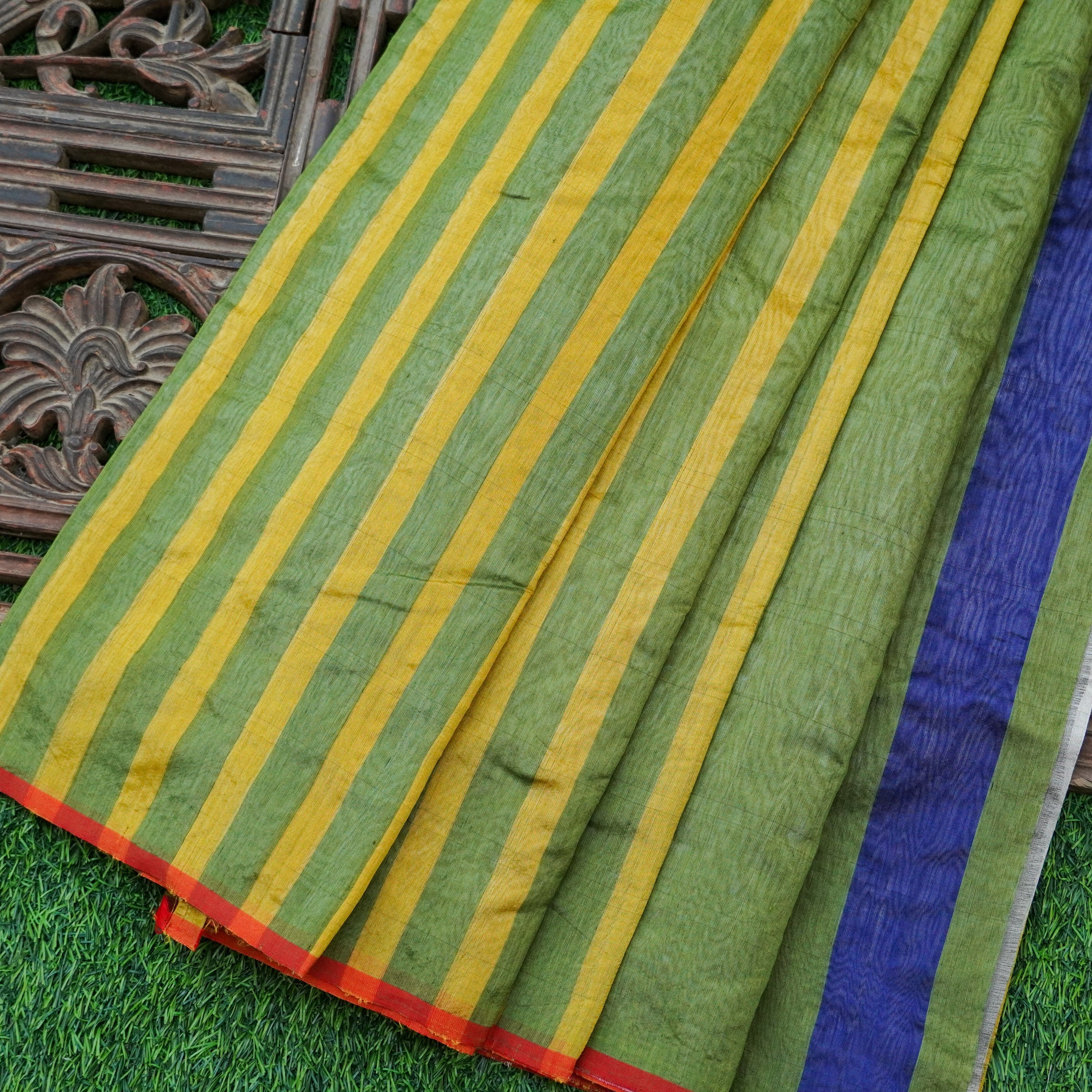 Handwoven Highland Green Pure Chanderi Silk Stripes Saree - Khinkhwab