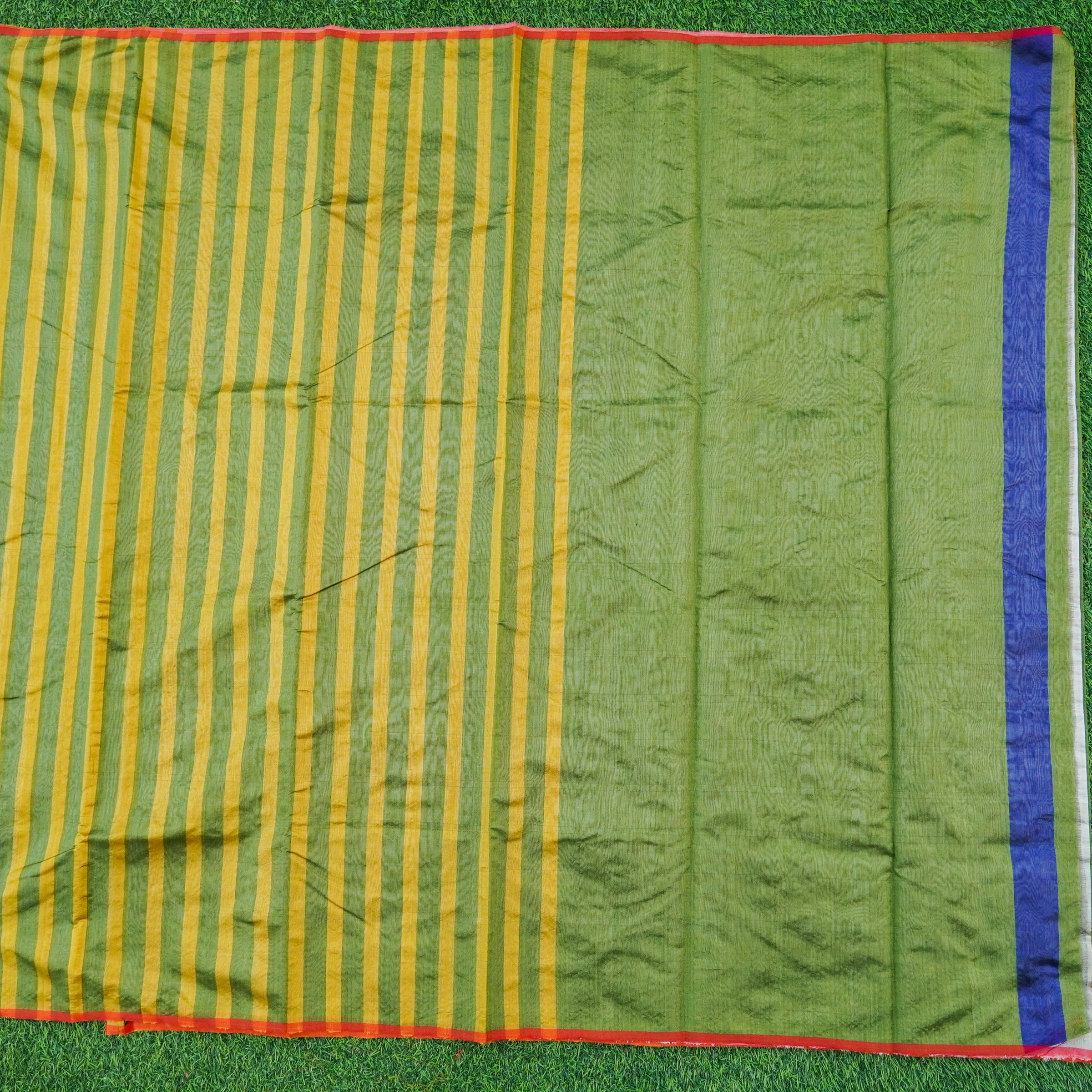 Handwoven Highland Green Pure Chanderi Silk Stripes Saree - Khinkhwab