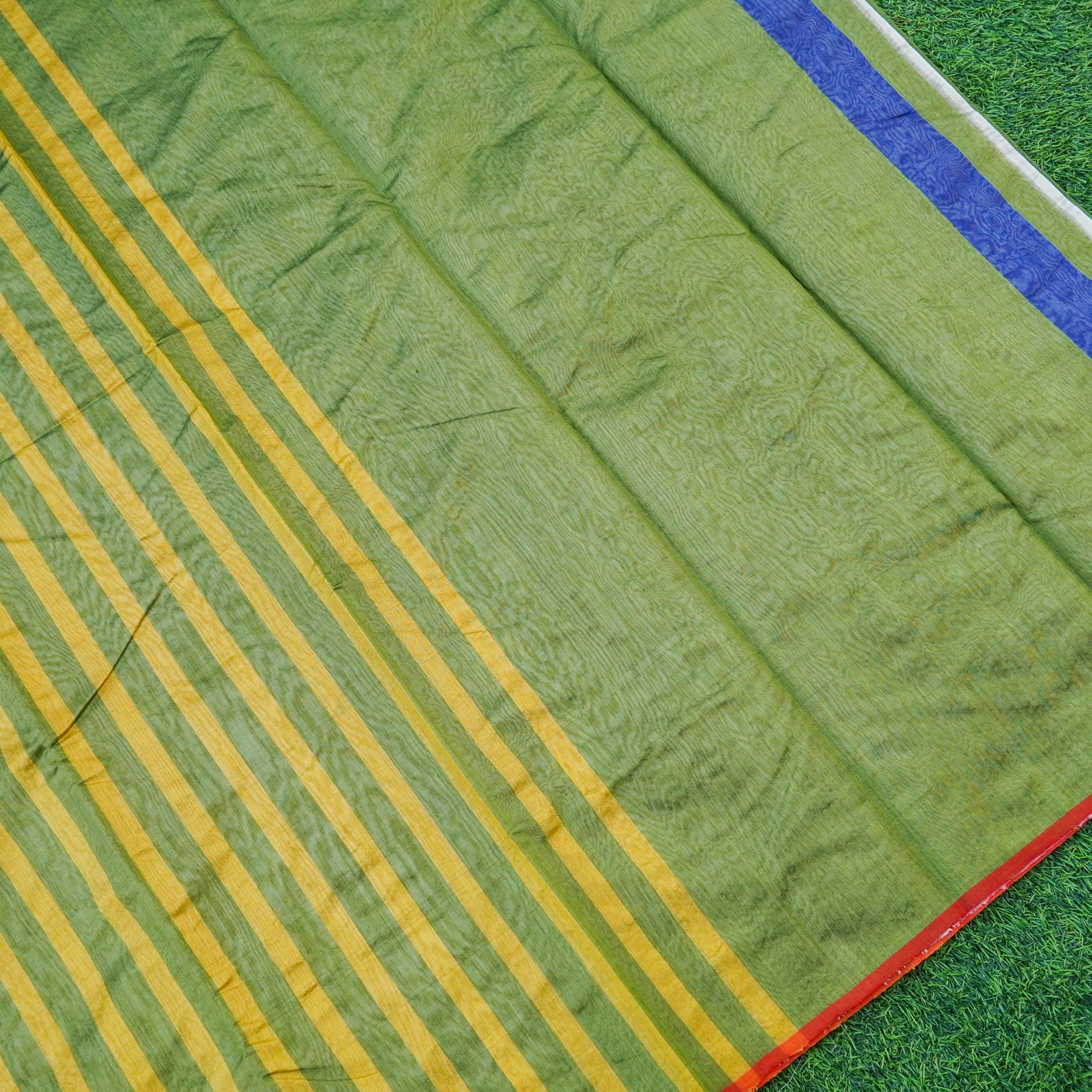 Handwoven Highland Green Pure Chanderi Silk Stripes Saree - Khinkhwab