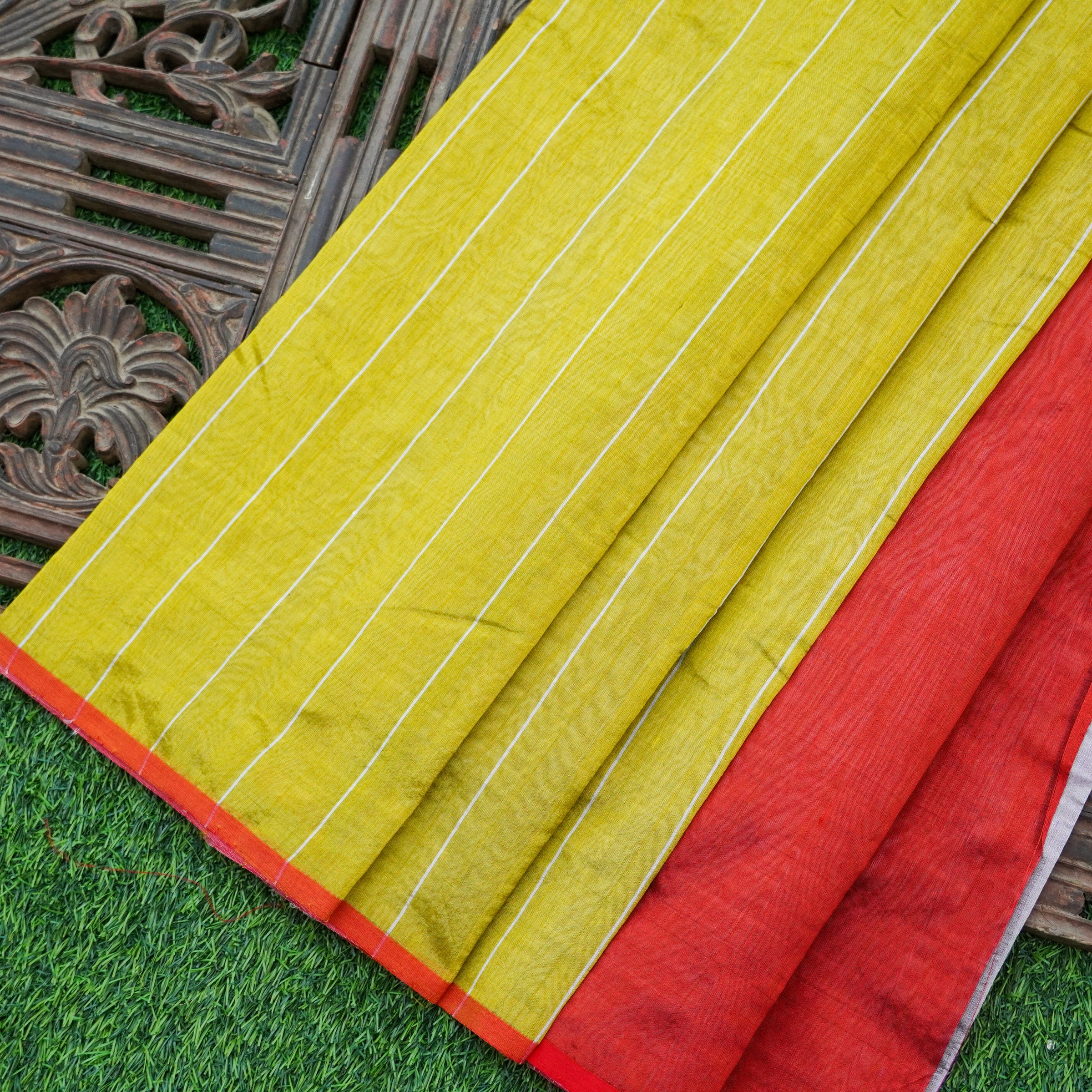 Handwoven Confetti Yellow & Red Pure Chanderi Silk Stripes Saree - Khinkhwab