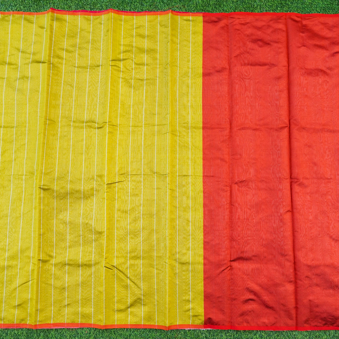 Handwoven Confetti Yellow &amp; Red Pure Chanderi Silk Stripes Saree - Khinkhwab