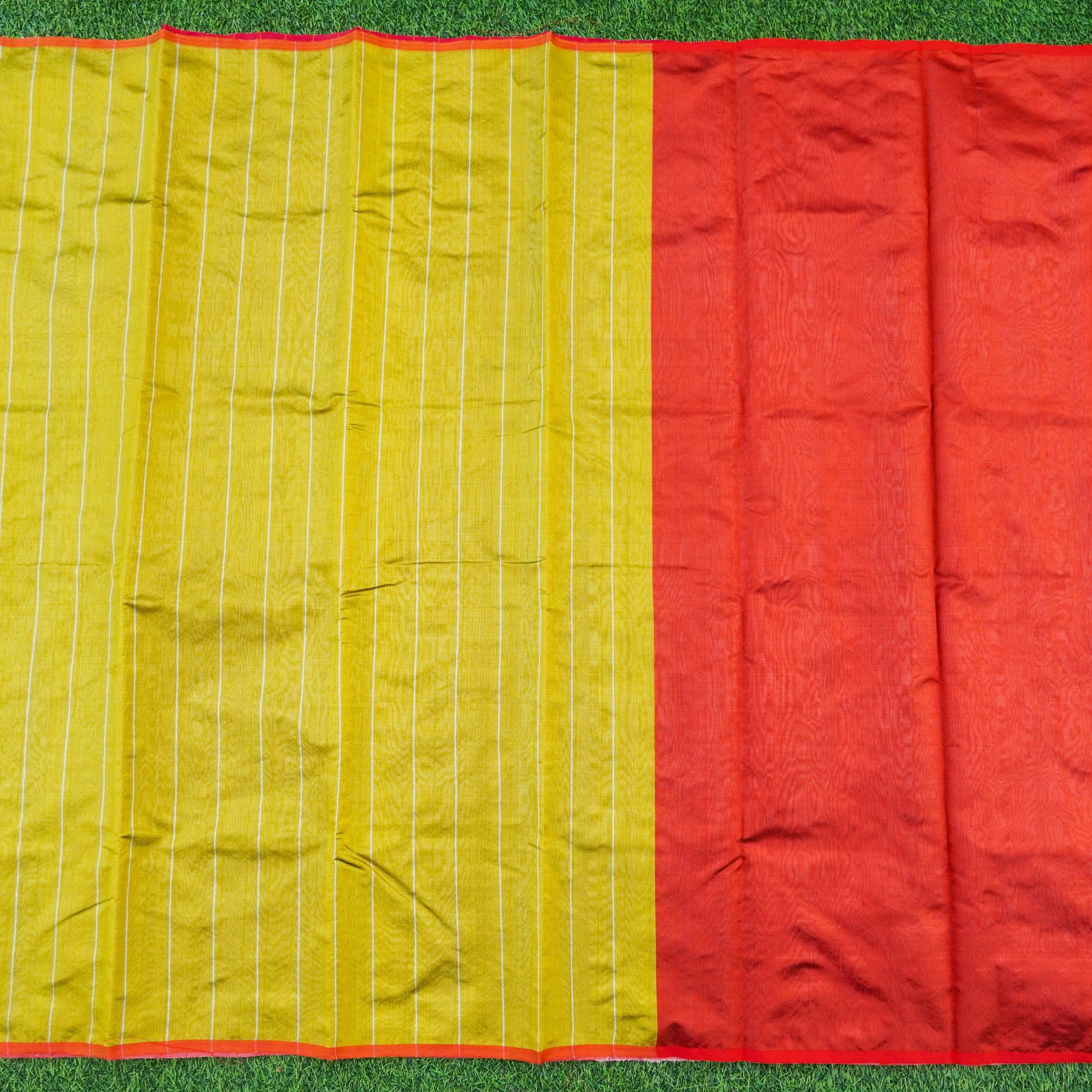 Handwoven Confetti Yellow & Red Pure Chanderi Silk Stripes Saree - Khinkhwab