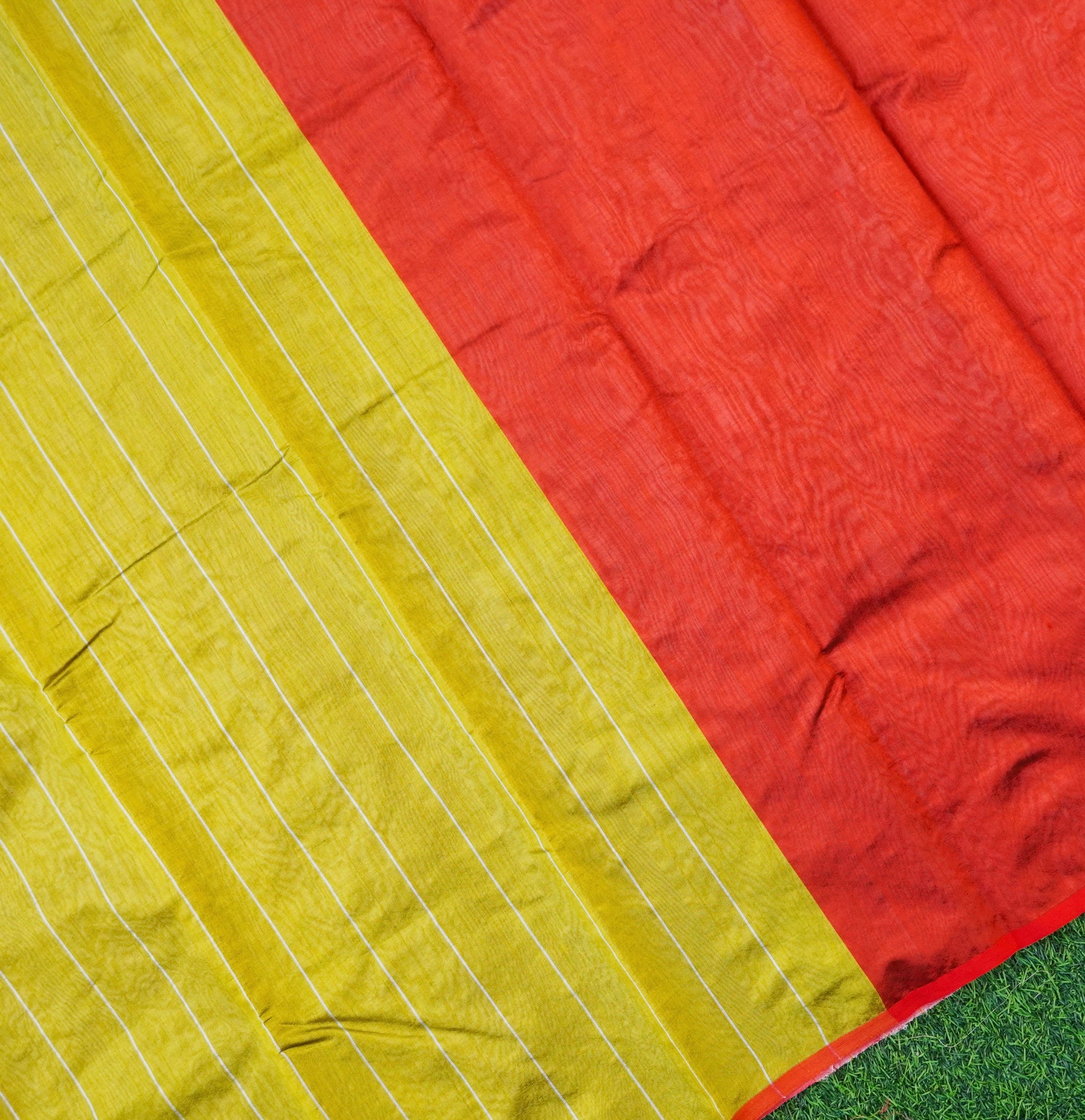 Handwoven Confetti Yellow & Red Pure Chanderi Silk Stripes Saree - Khinkhwab