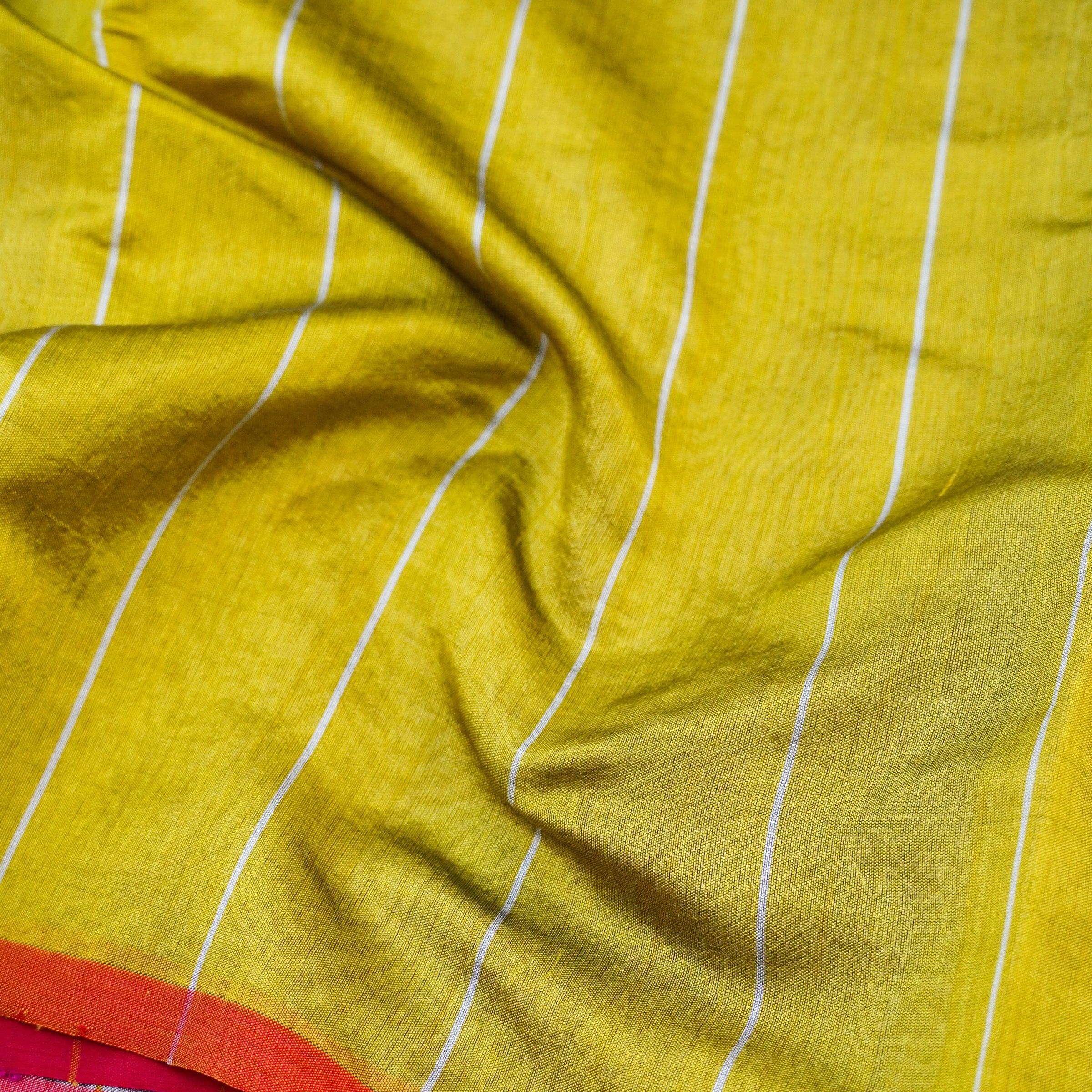 Handwoven Confetti Yellow & Red Pure Chanderi Silk Stripes Saree - Khinkhwab