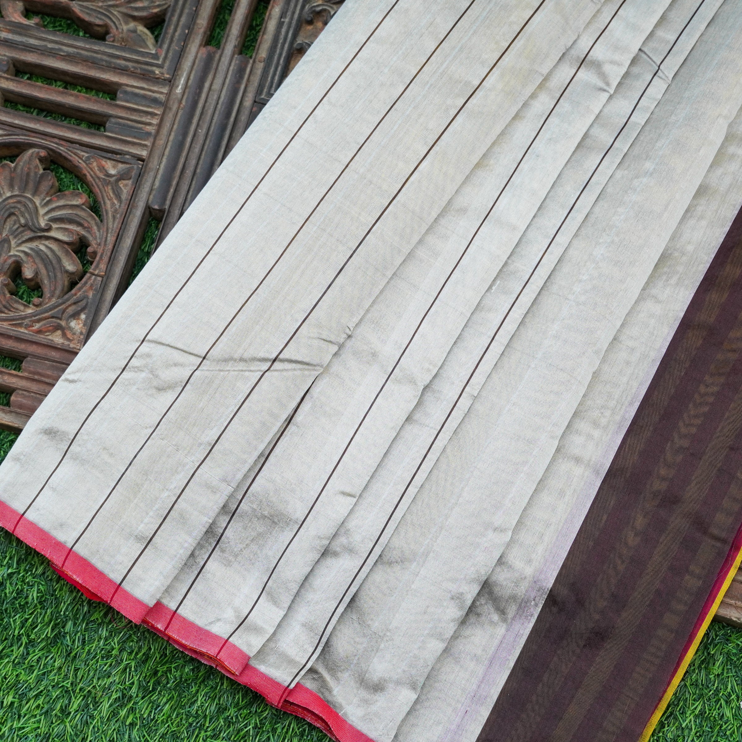 Handwoven Silver & Mustard Pure Chanderi Silk Stripes Saree - Khinkhwab