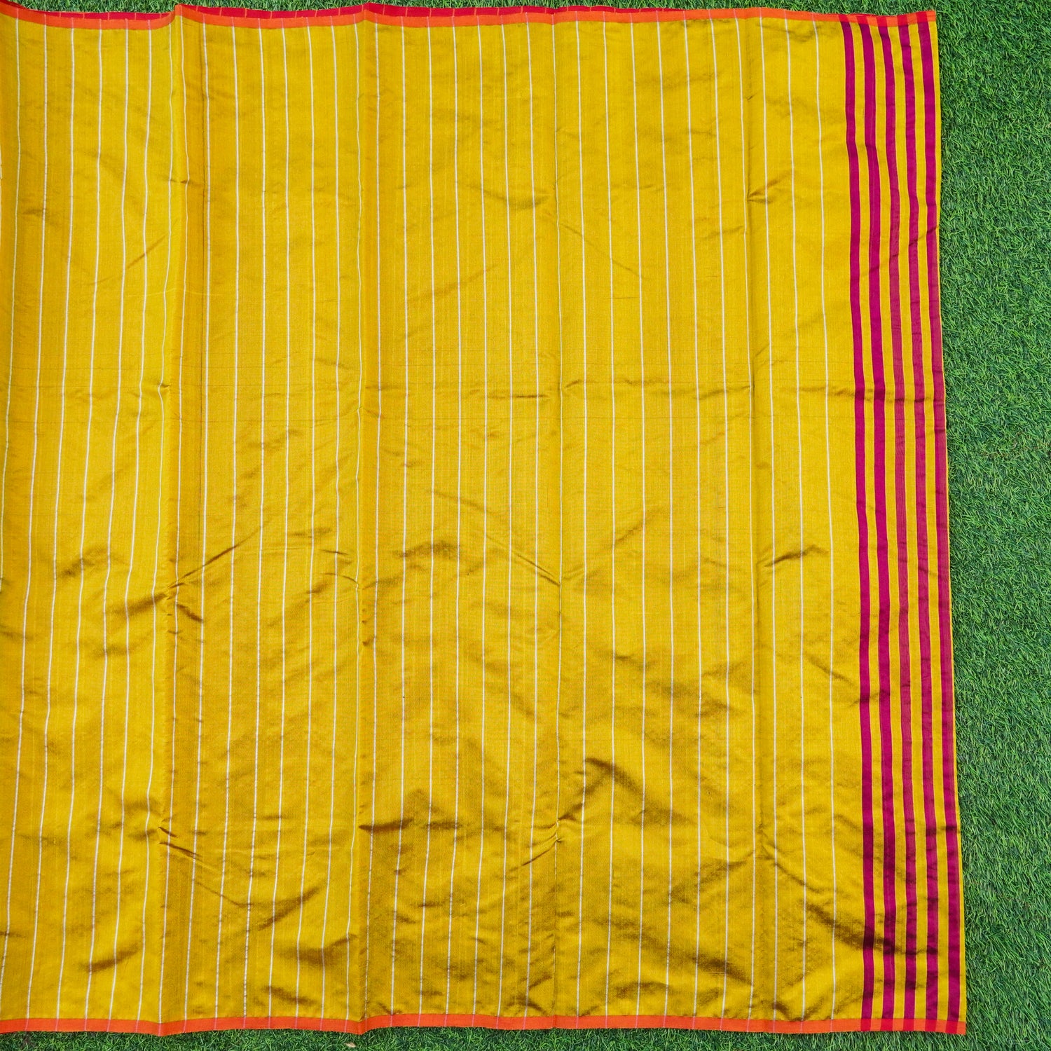 Handwoven Silver & Mustard Pure Chanderi Silk Stripes Saree - Khinkhwab