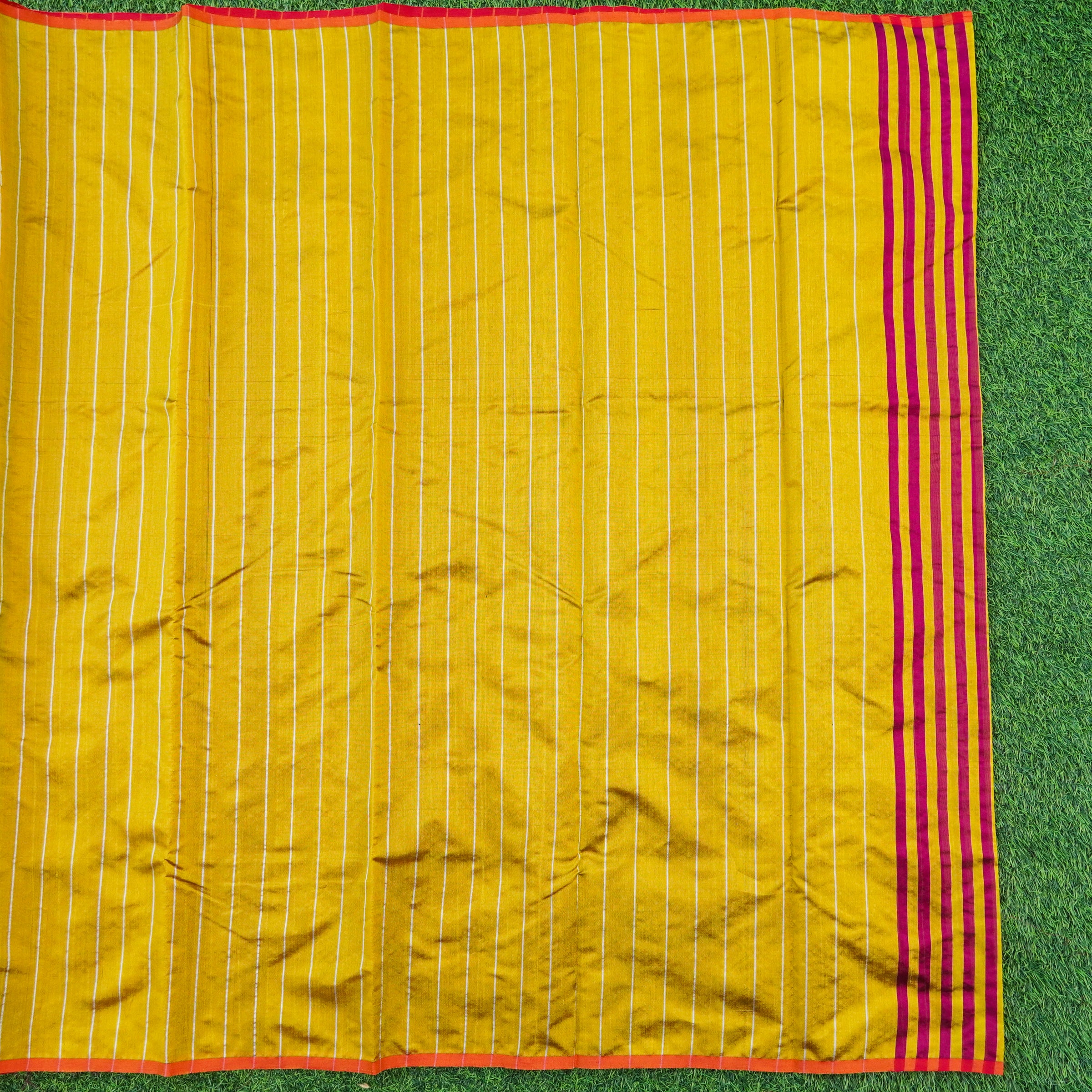 Handwoven Silver & Mustard Pure Chanderi Silk Stripes Saree - Khinkhwab