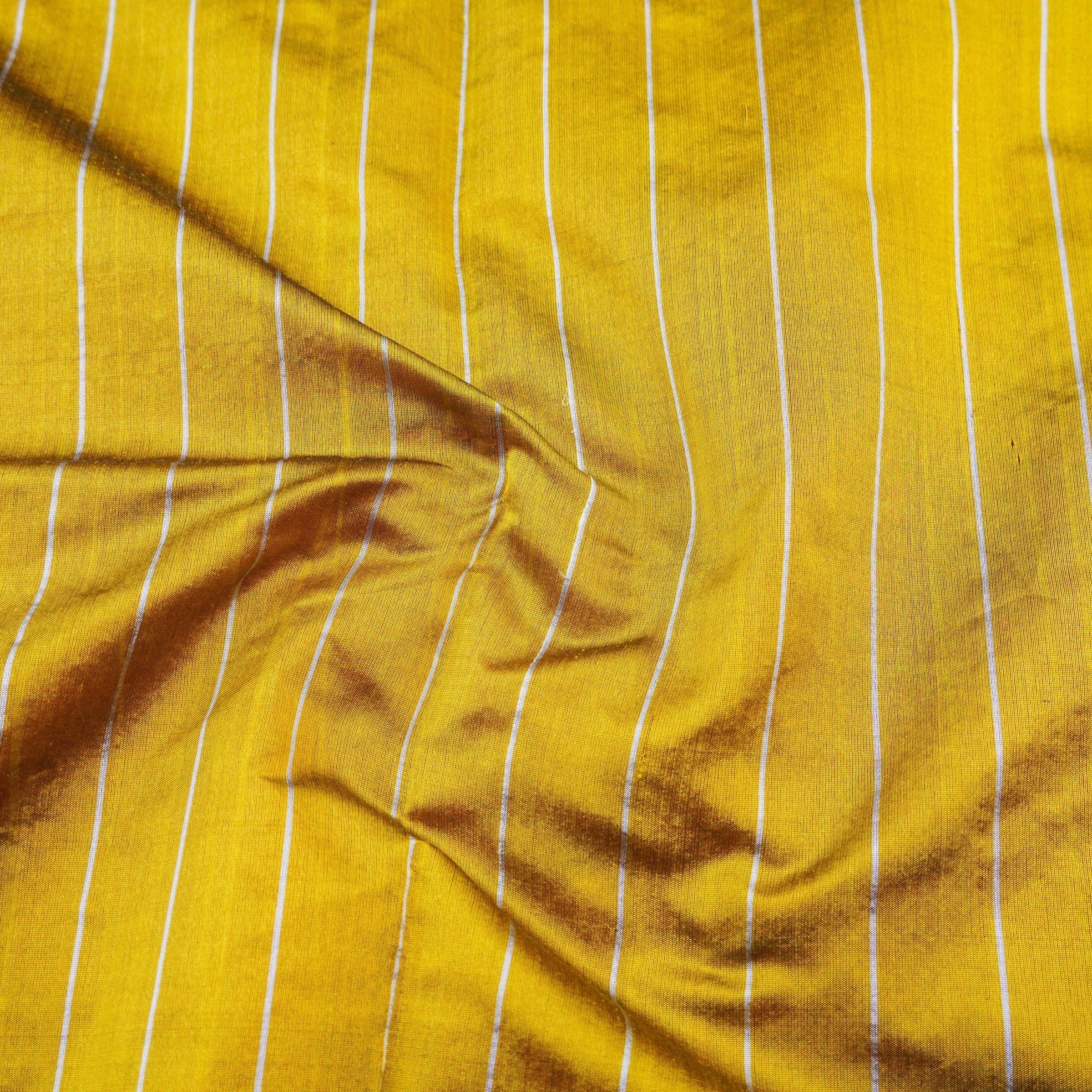 Handwoven Silver & Mustard Pure Chanderi Silk Stripes Saree - Khinkhwab