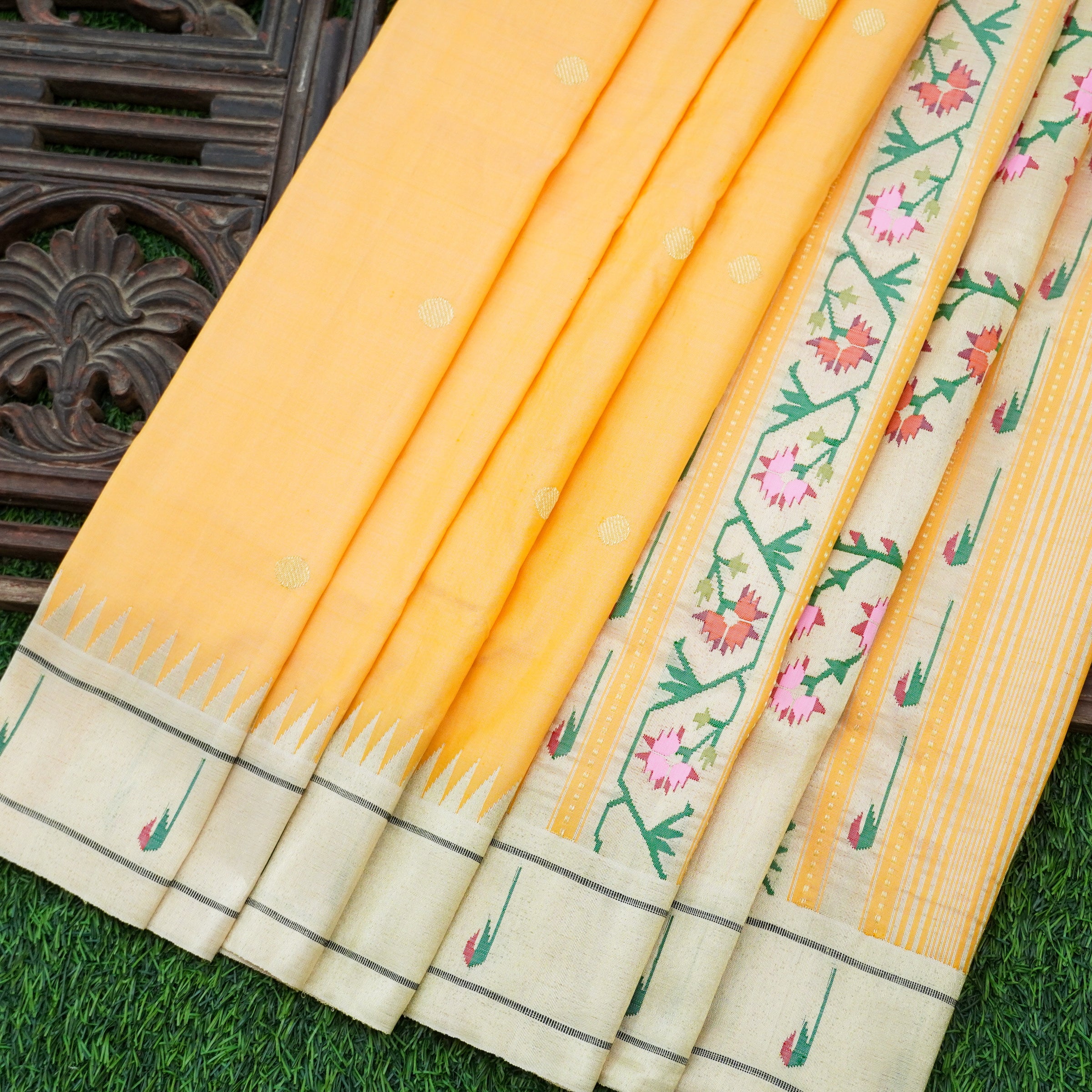 Cherokee Yellow Silk Handwoven Paithani Saree with Muniya Border - Khinkhwab