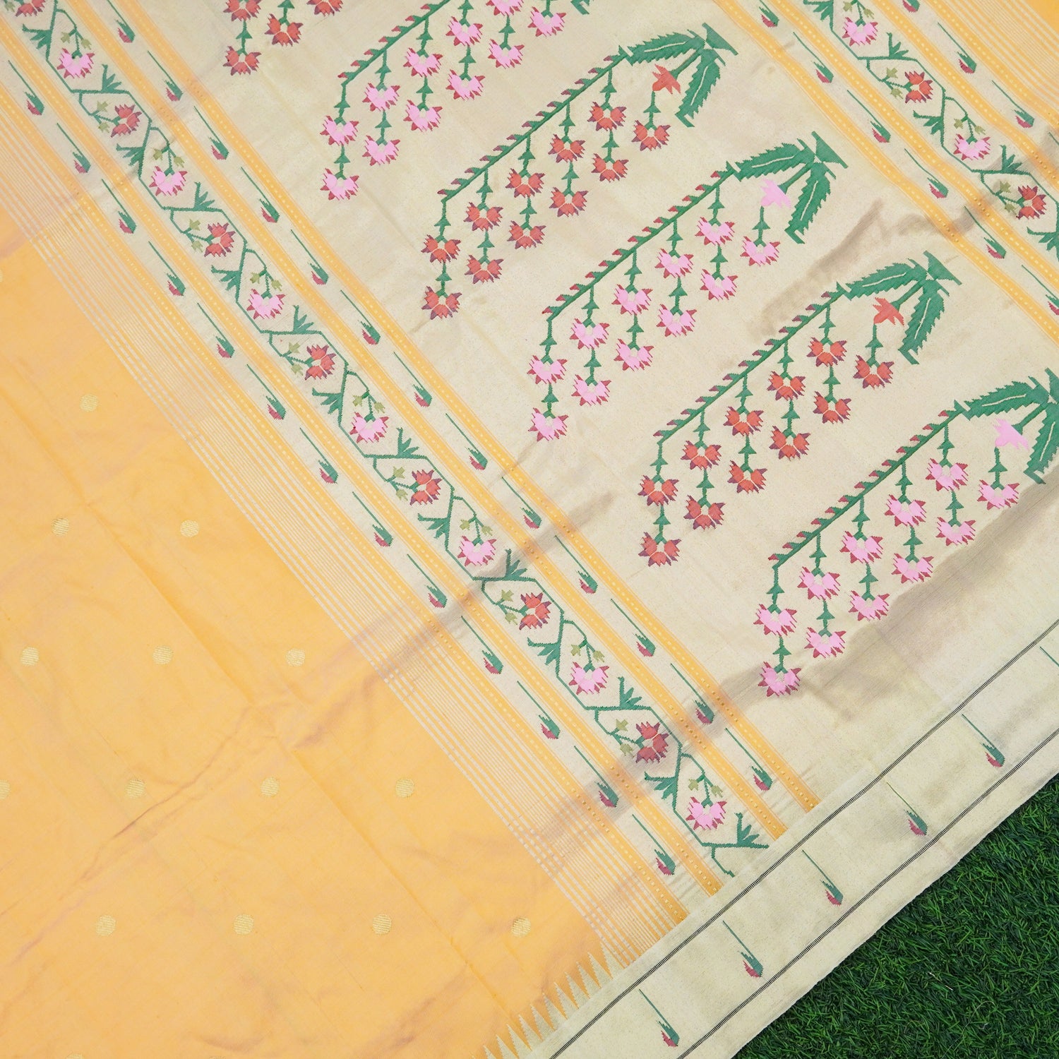 Cherokee Yellow Silk Handwoven Paithani Saree with Muniya Border - Khinkhwab