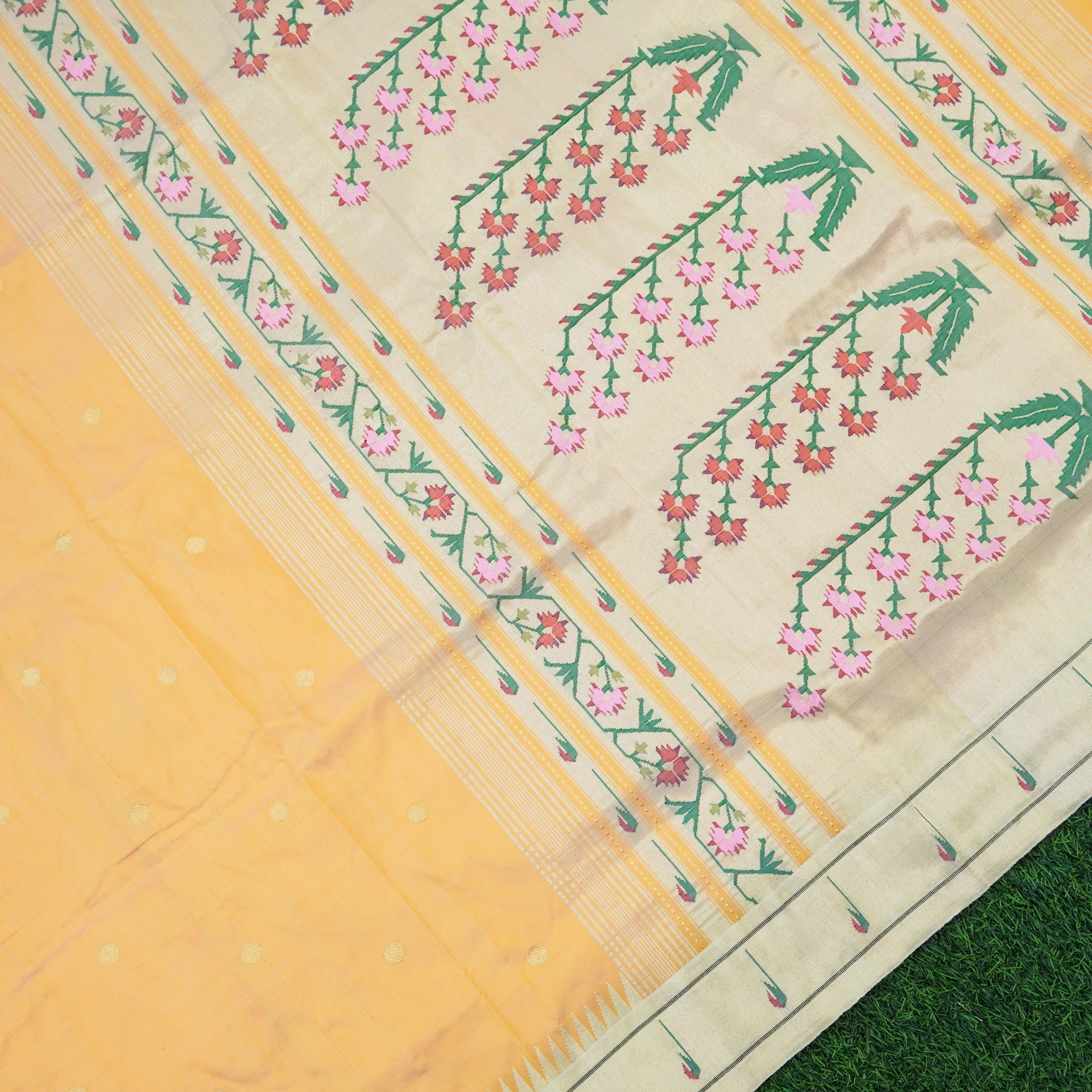 Cherokee Yellow Silk Handwoven Paithani Saree with Muniya Border - Khinkhwab