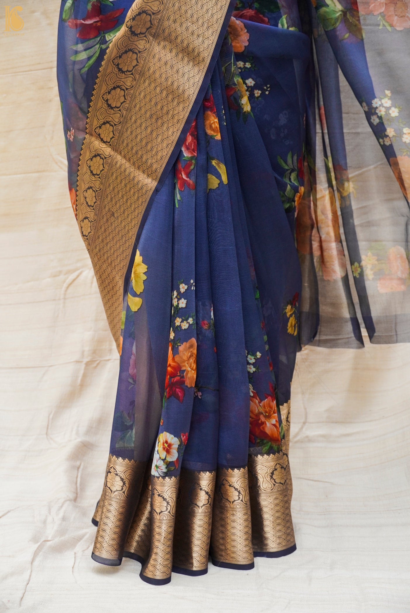 Pure Organza Silk Floral Print Banarasi Border Saree - Khinkhwab