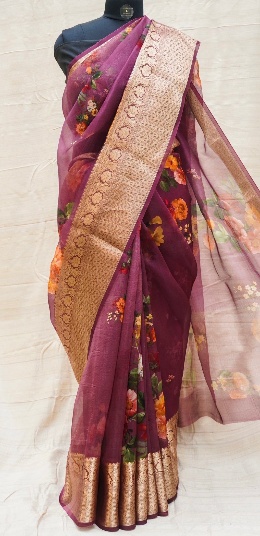 Mehroon Pure Organza Silk Floral Print Banarasi Border Saree - Khinkhwab