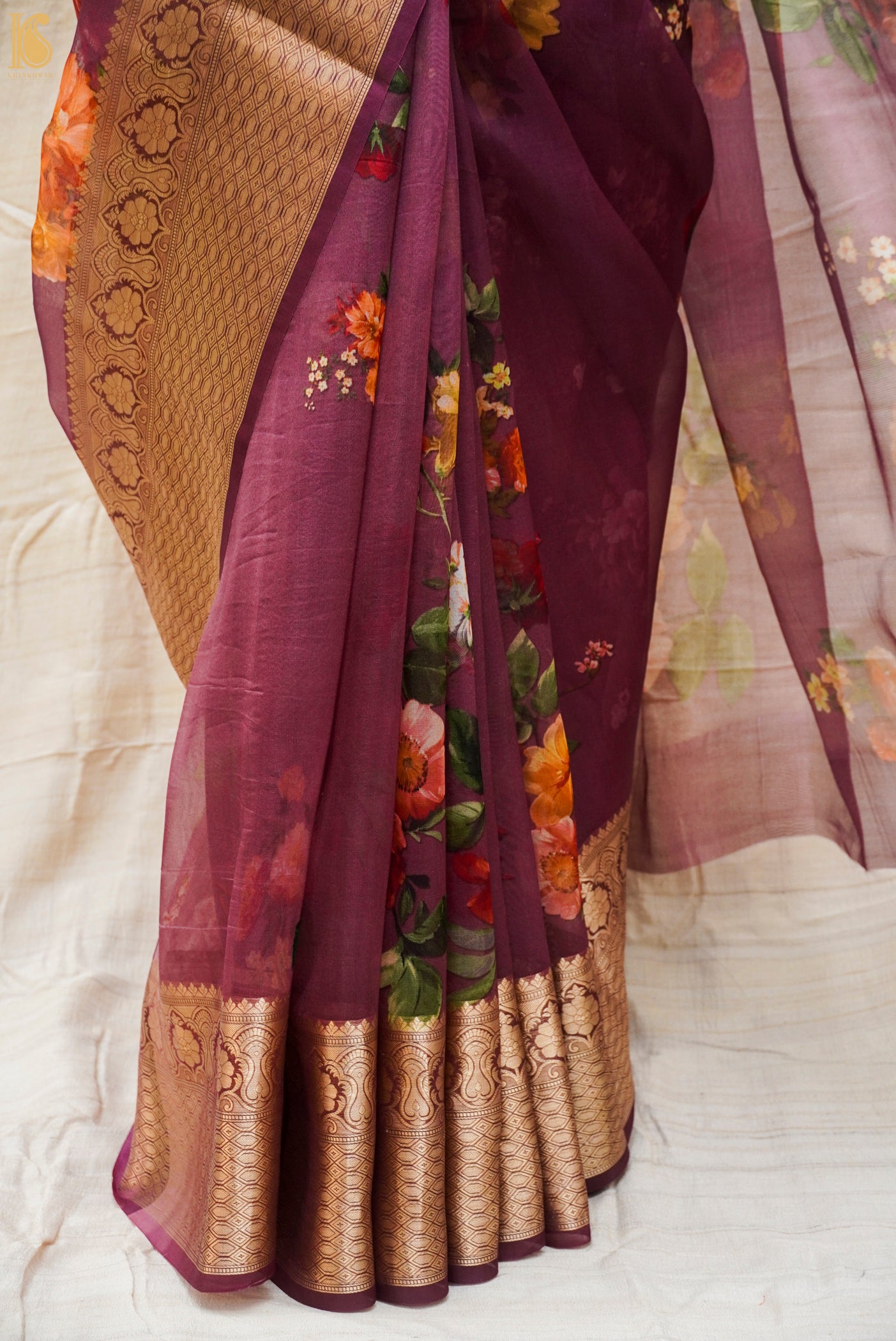Mehroon Pure Organza Silk Floral Print Banarasi Border Saree - Khinkhwab