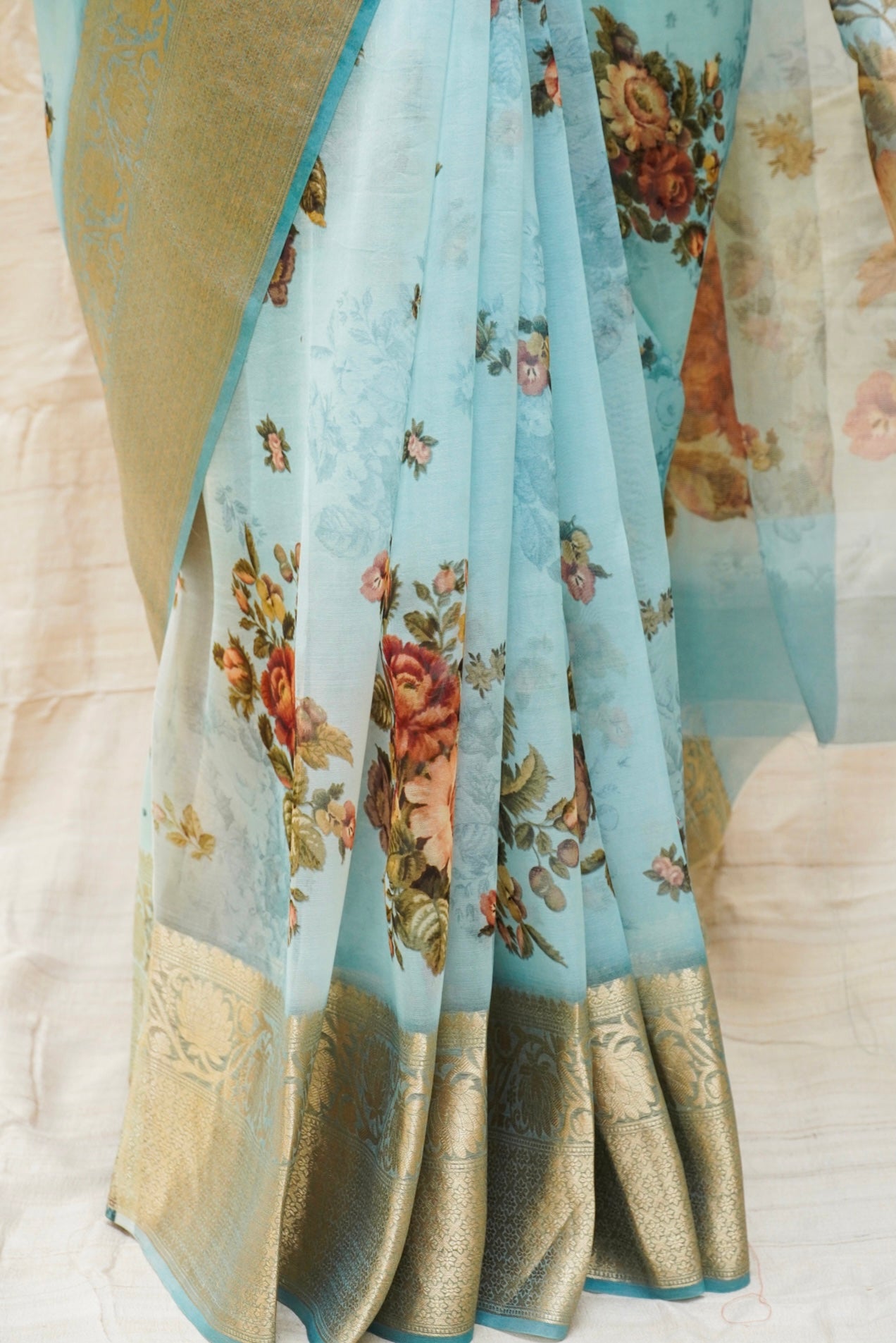 Light Blue Pure Organza Silk Floral Print Banarasi Border Saree - Khinkhwab